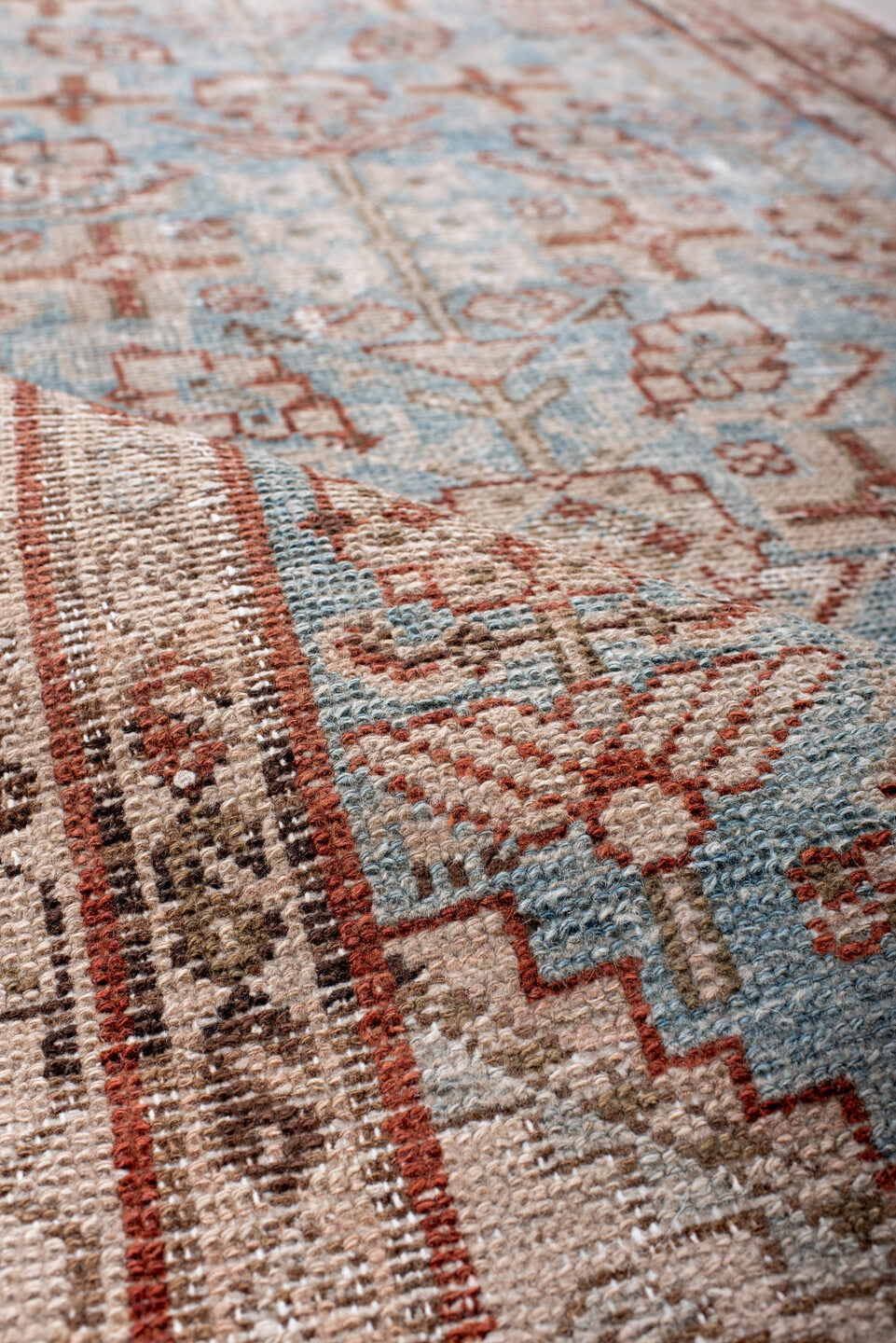 3' x 13' one-of-a-kind handmade antique Hamadan runner rug. Color palette: sky blue, ivory, rust, brown, taupe, camel