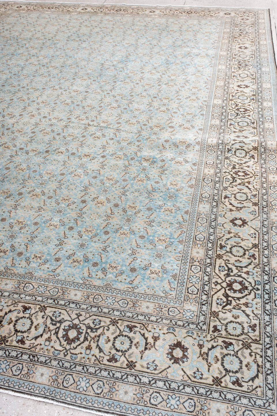 10' x 14' one-of-a-kind handmade antique Tabriz large size rug. Color palette: light blue, ivory, taupe, brown, beige, camel