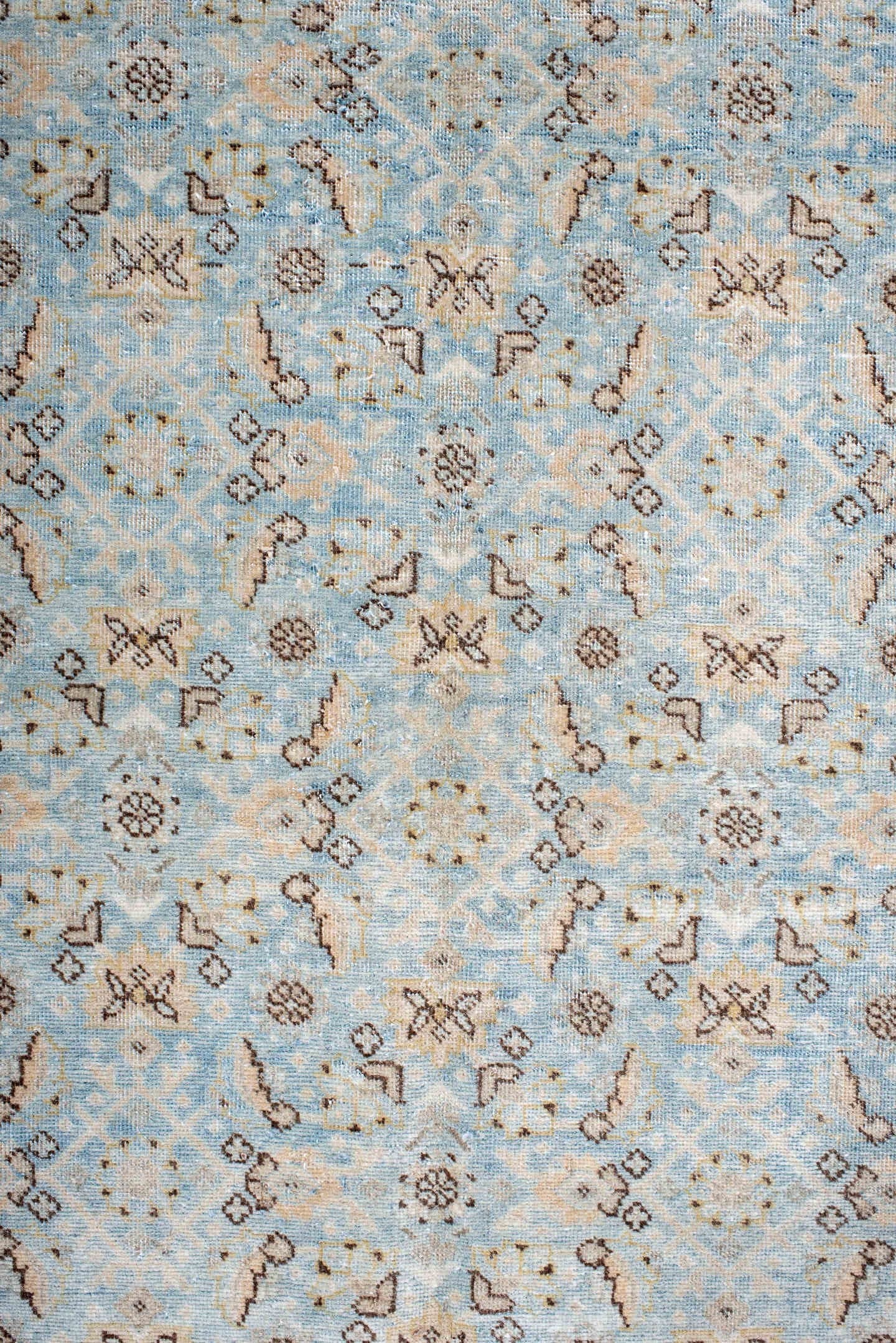10' x 14' one-of-a-kind handmade antique Tabriz large size rug. Color palette: light blue, ivory, taupe, brown, beige, camel