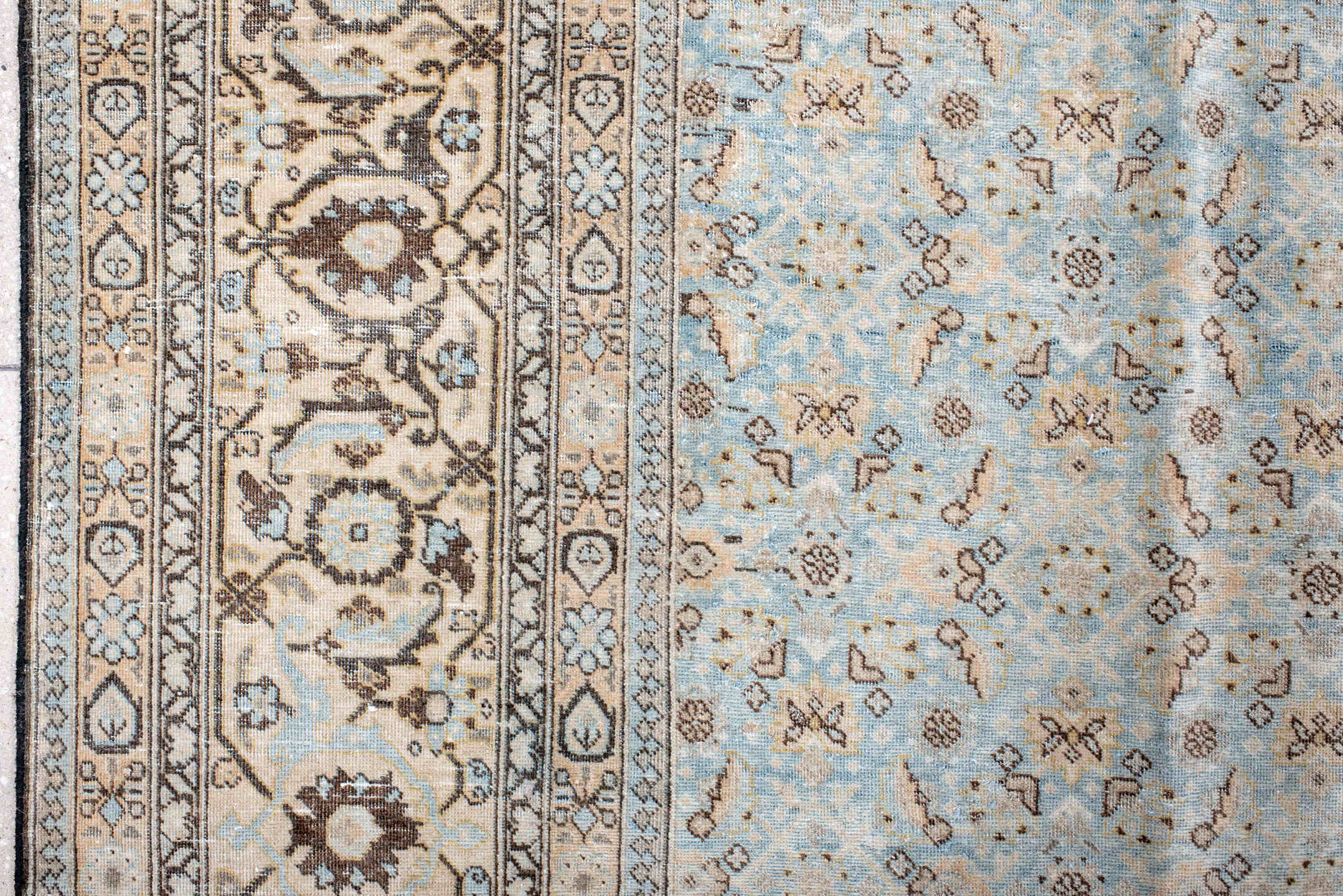 10' x 14' one-of-a-kind handmade antique Tabriz large size rug. Color palette: light blue, ivory, taupe, brown, beige, camel