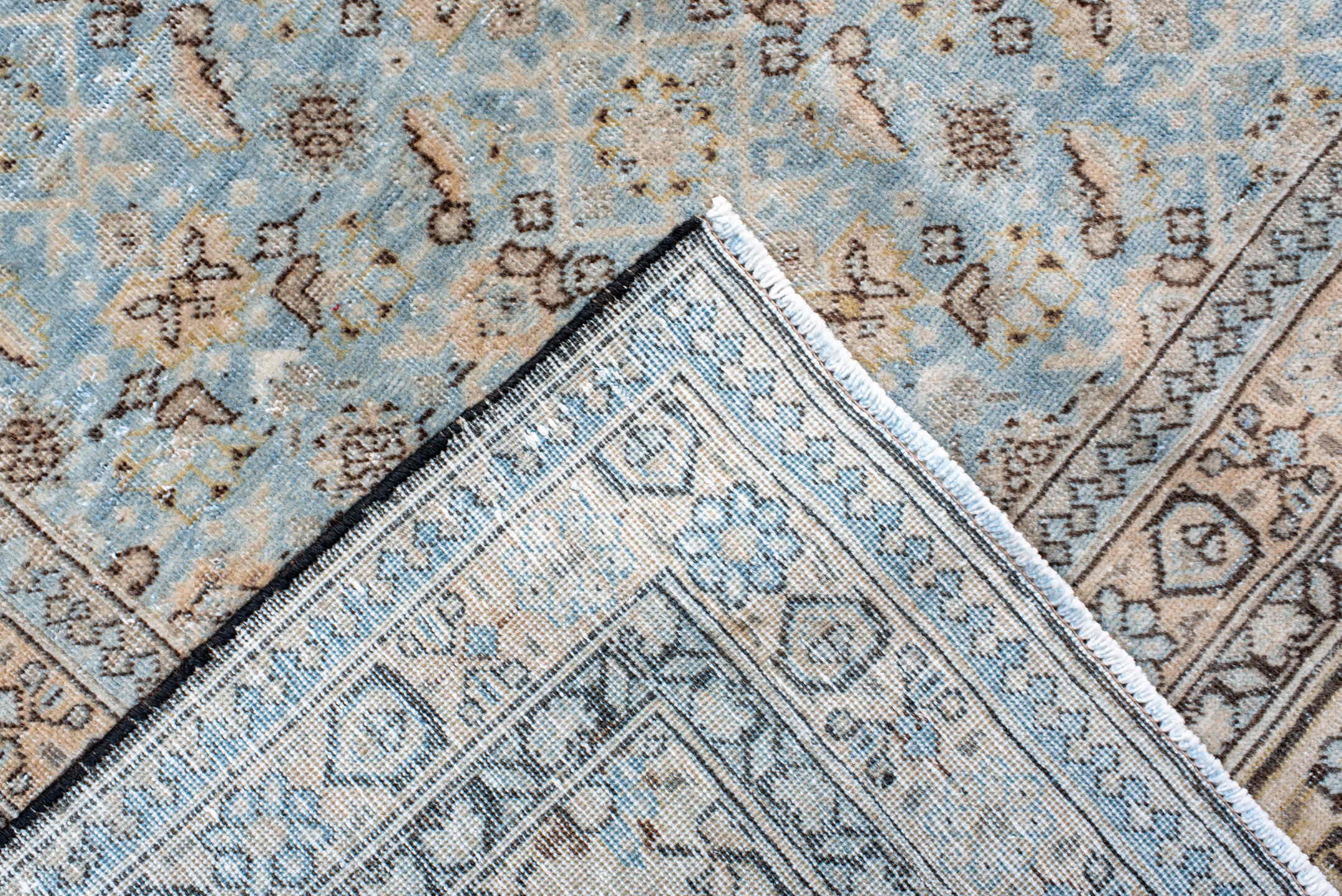 10' x 14' one-of-a-kind handmade antique Tabriz large size rug. Color palette: light blue, ivory, taupe, brown, beige, camel
