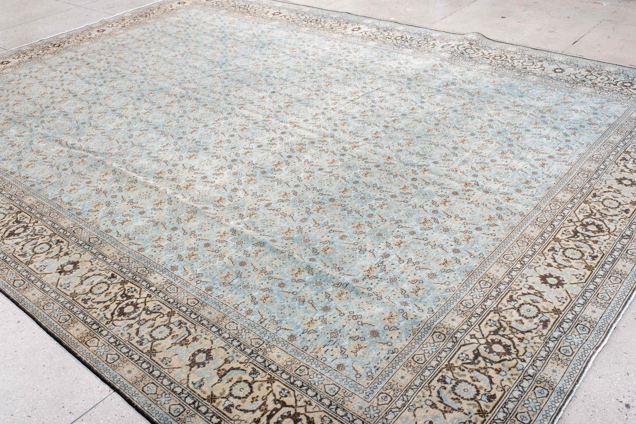 10' x 14' one-of-a-kind handmade antique Tabriz large size rug. Color palette: light blue, ivory, taupe, brown, beige, camel