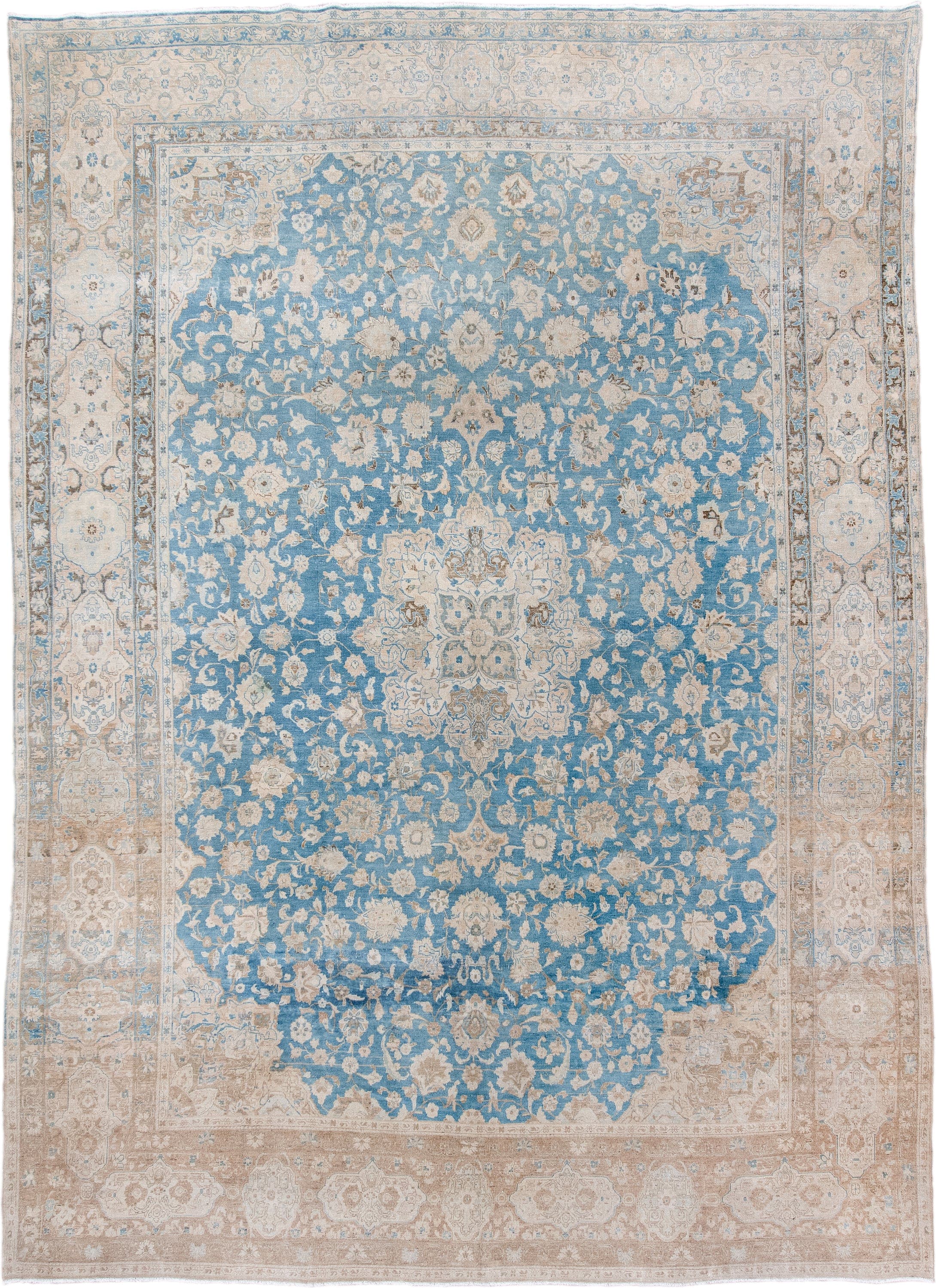 10' x 14' one-of-a-kind handmade antique Tabriz large size rug. Color palette: sky blue, ivory, beige, taupe, camel