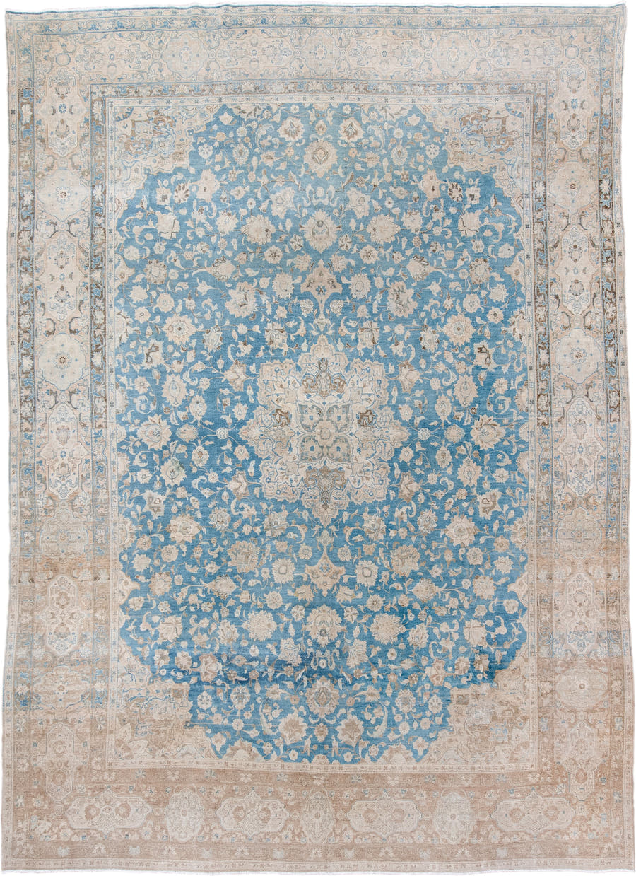10' x 14' one-of-a-kind handmade antique Tabriz large size rug. Color palette: sky blue, ivory, beige, taupe, camel
