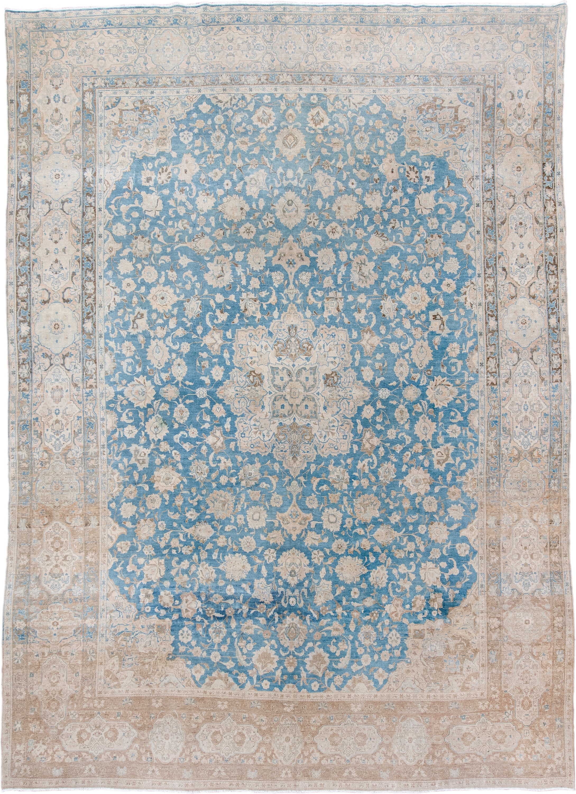 10' x 14' one-of-a-kind handmade antique Tabriz large size rug. Color palette: sky blue, ivory, beige, taupe, camel