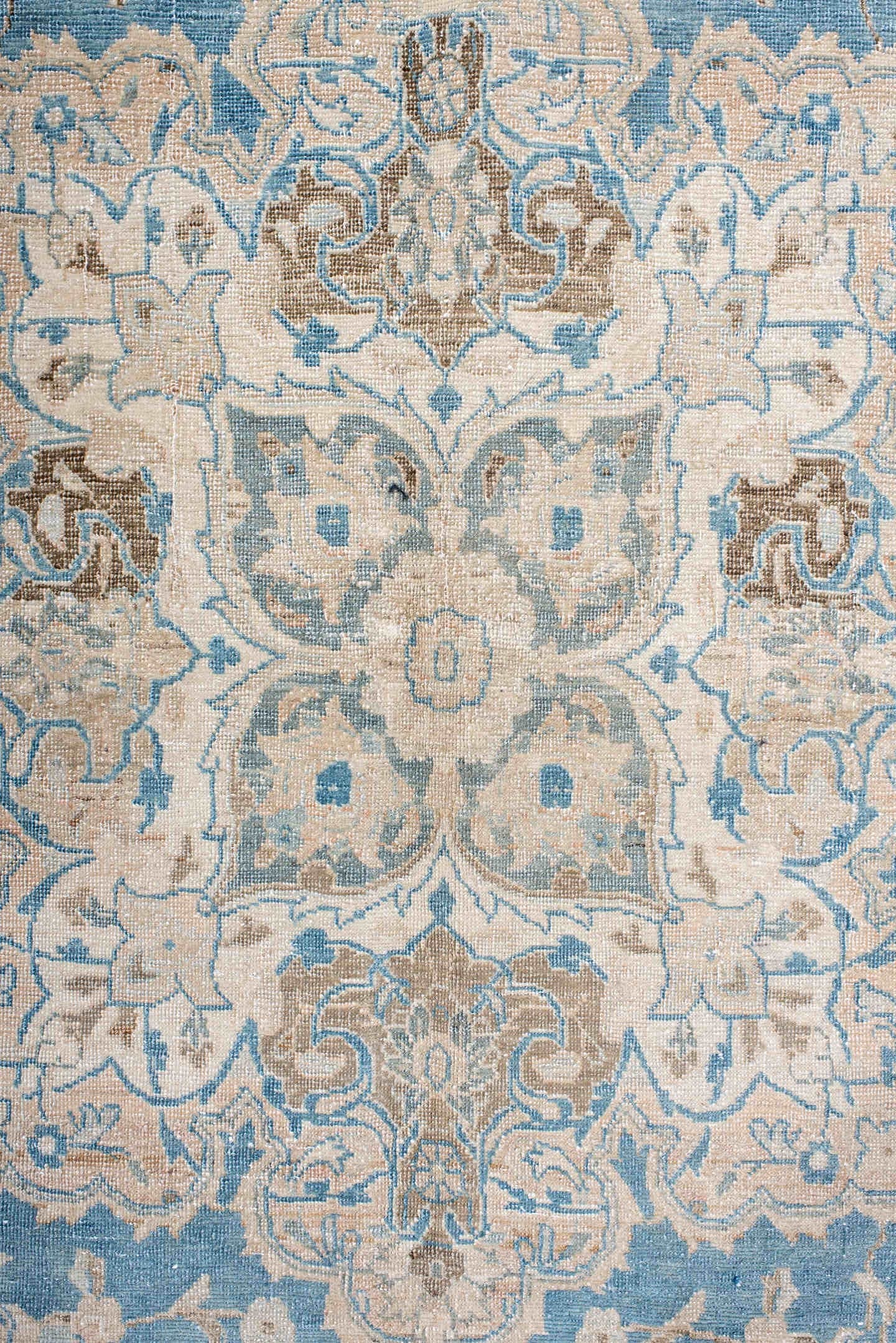 10' x 14' one-of-a-kind handmade antique Tabriz large size rug. Color palette: sky blue, ivory, beige, taupe, camel