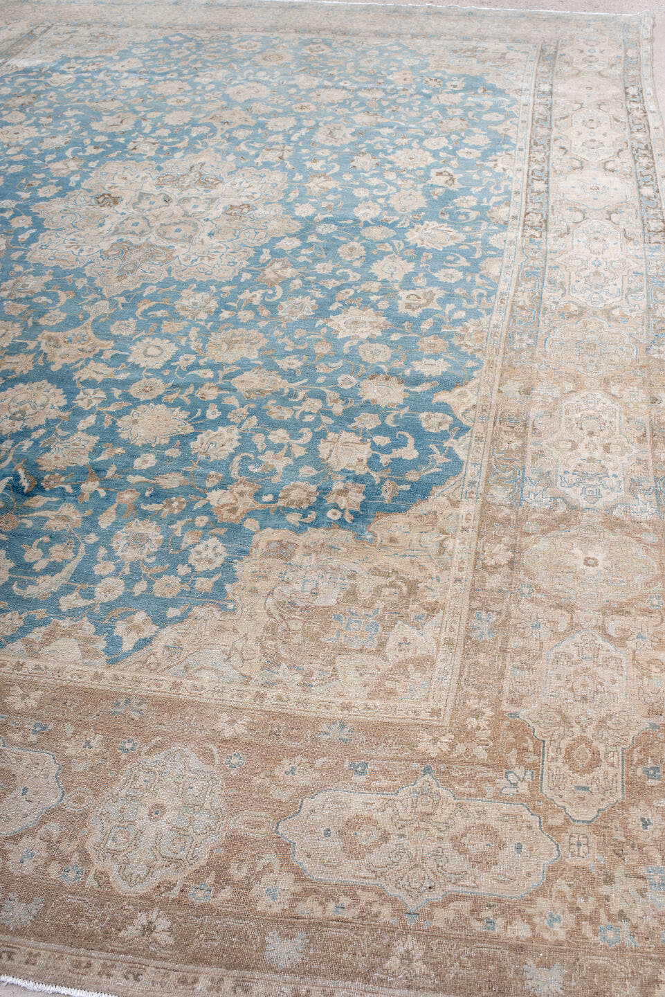 10' x 14' one-of-a-kind handmade antique Tabriz large size rug. Color palette: sky blue, ivory, beige, taupe, camel