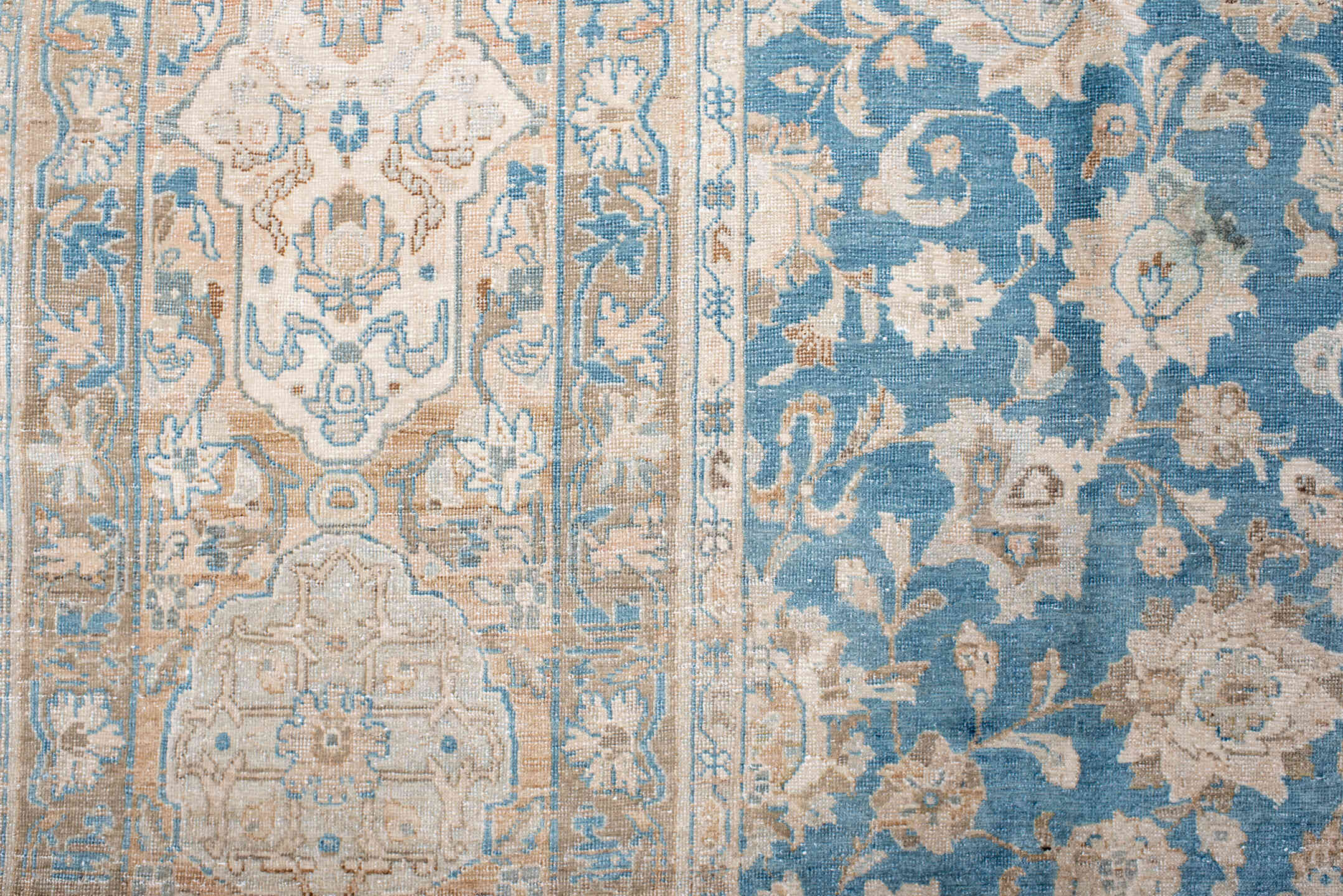 10' x 14' one-of-a-kind handmade antique Tabriz large size rug. Color palette: sky blue, ivory, beige, taupe, camel