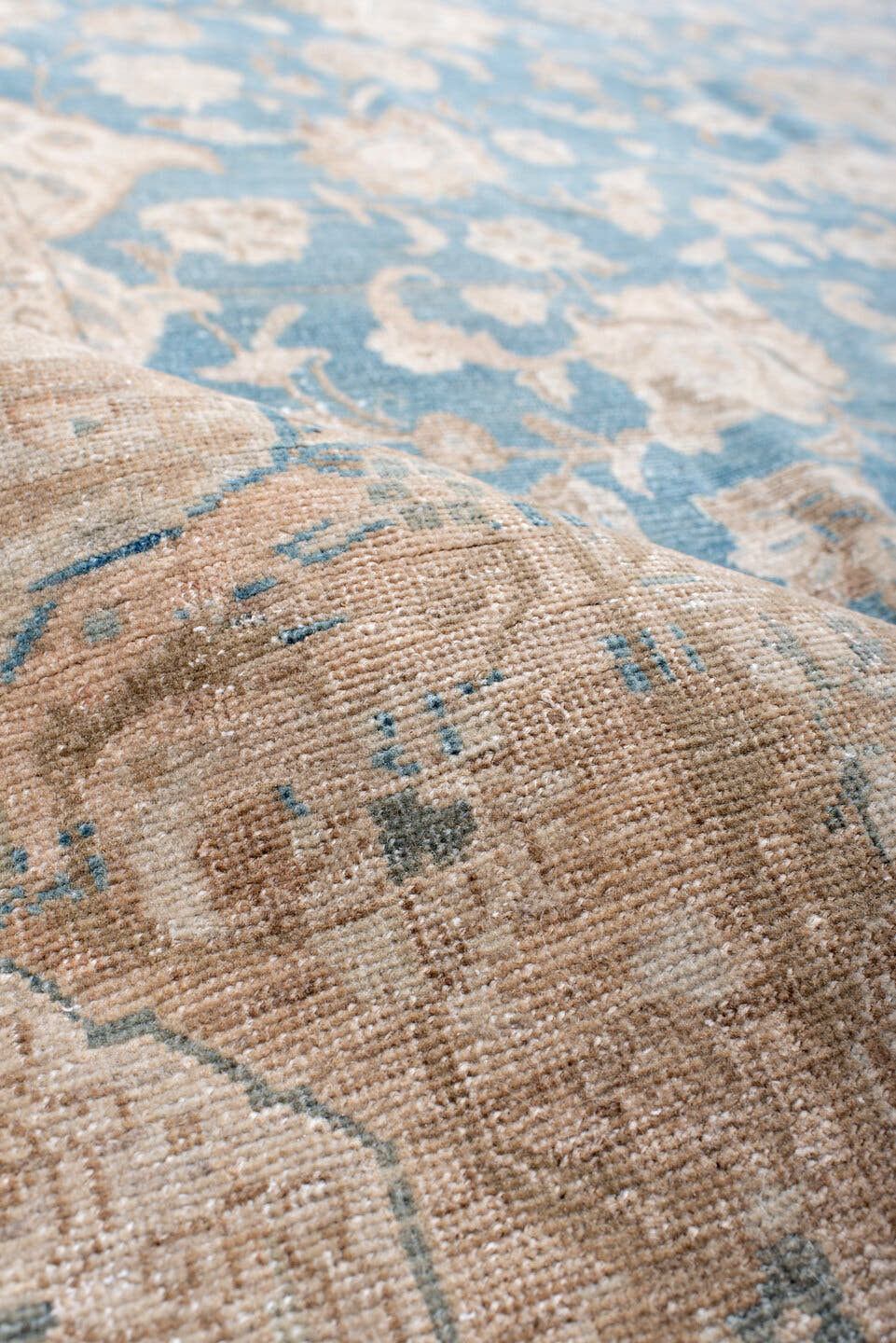10' x 14' one-of-a-kind handmade antique Tabriz large size rug. Color palette: sky blue, ivory, beige, taupe, camel