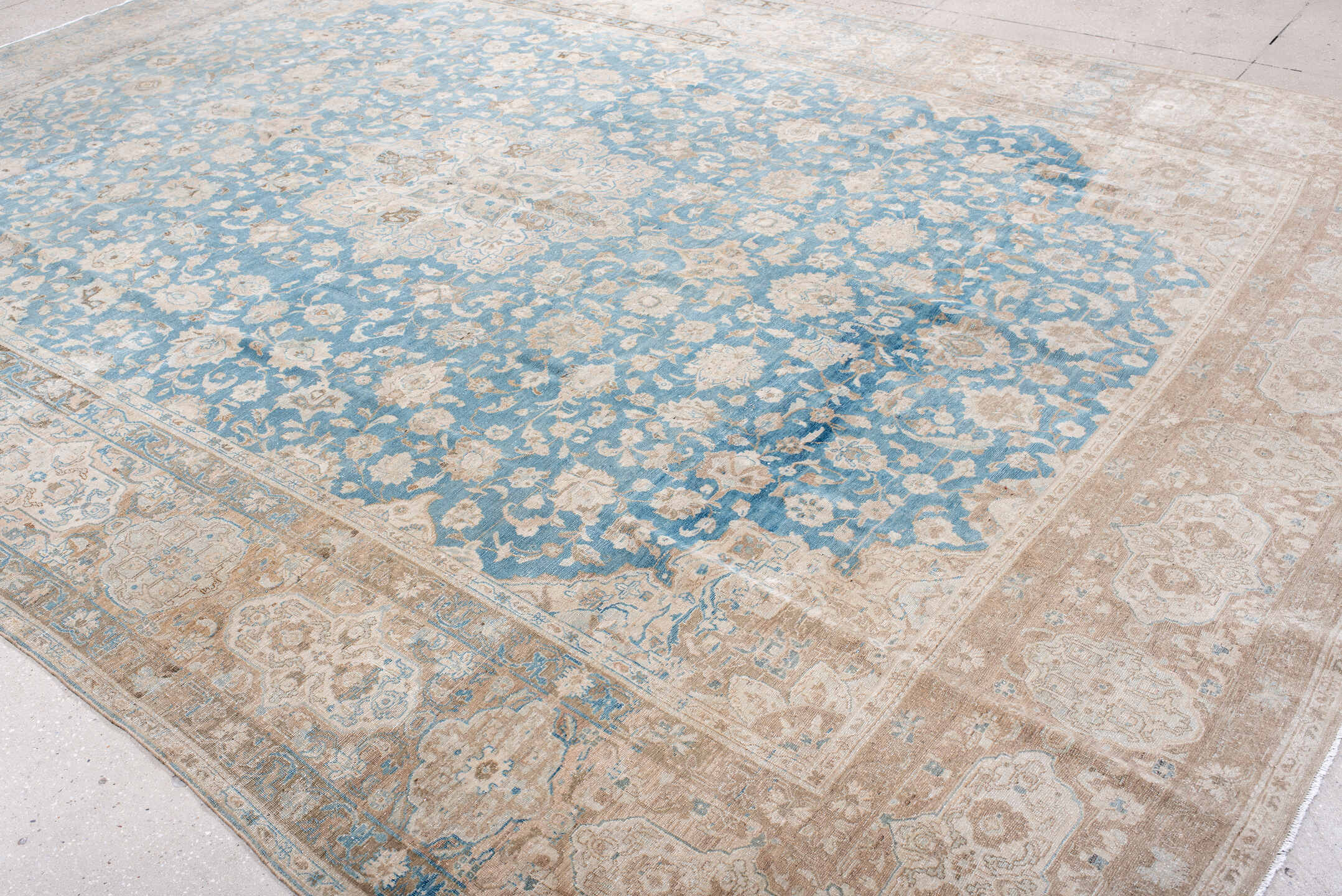 10' x 14' one-of-a-kind handmade antique Tabriz large size rug. Color palette: sky blue, ivory, beige, taupe, camel