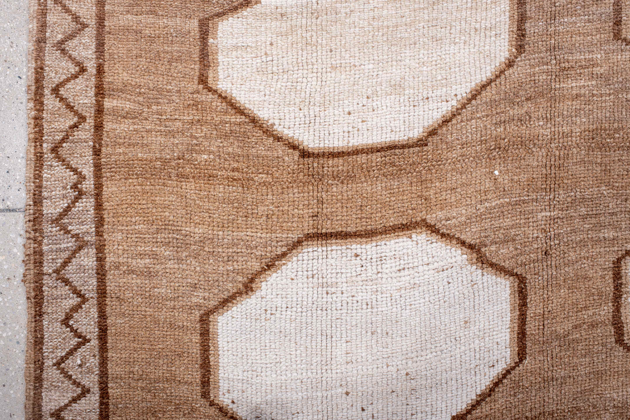 5' x 11' one-of-a-kind handmade antique Kars rug. Color palette: camel, ivory, taupe, brown, beige, gray