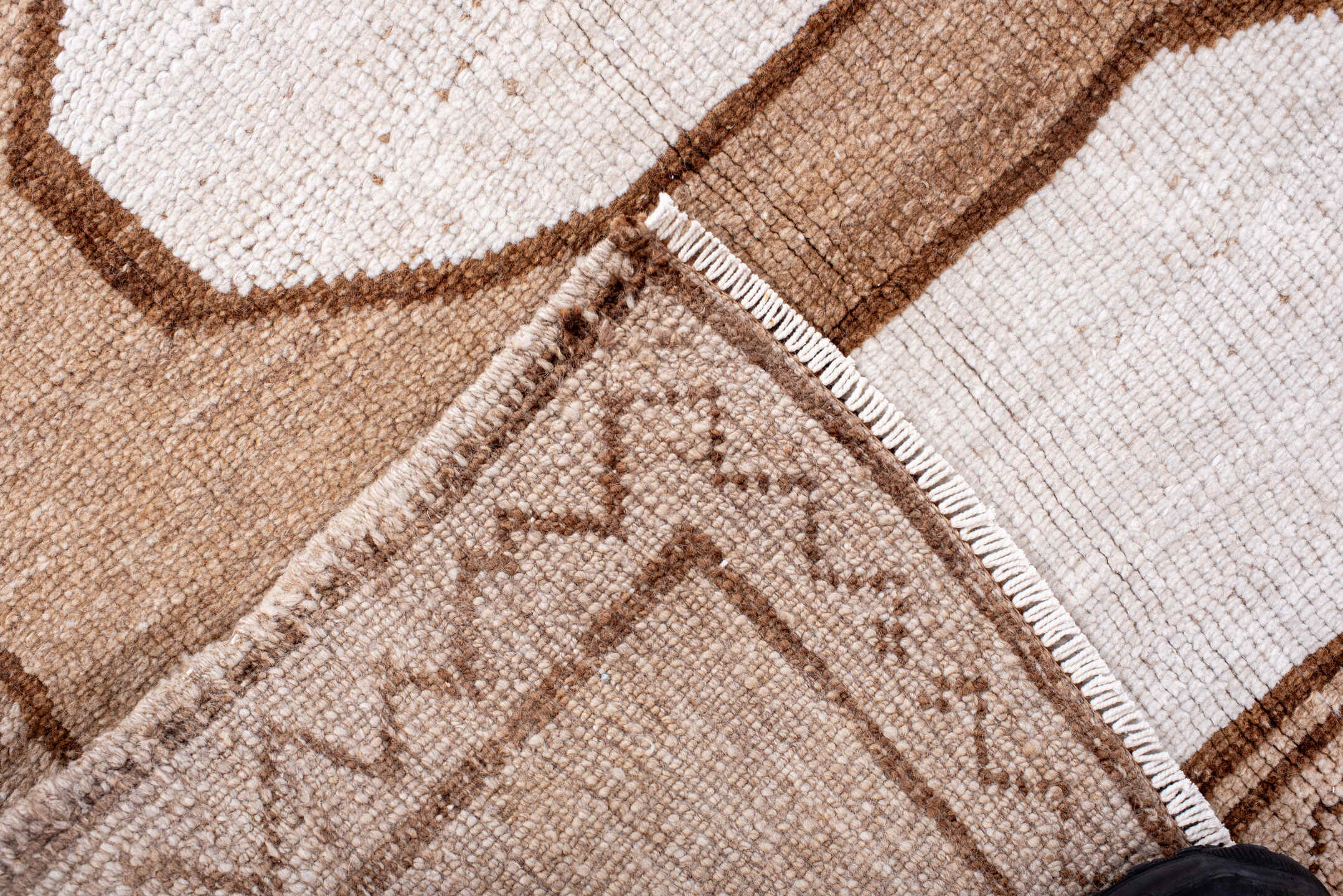 5' x 11' one-of-a-kind handmade antique Kars rug. Color palette: camel, ivory, taupe, brown, beige, gray