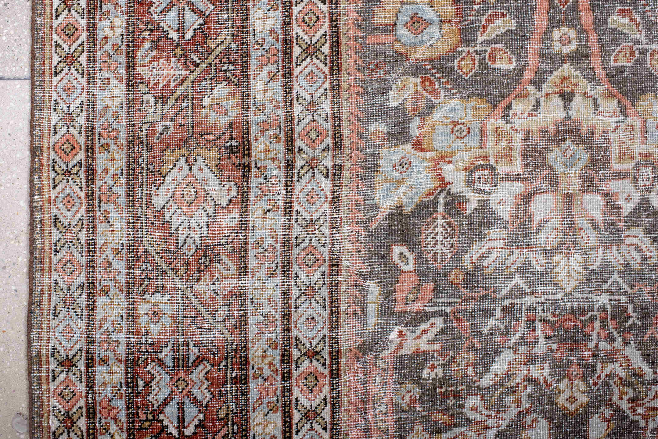 10' x 14' one-of-a-kind handmade vintage Mahal large size rug. Color palette: black, brown, dark gray, dim gray, gainsboro