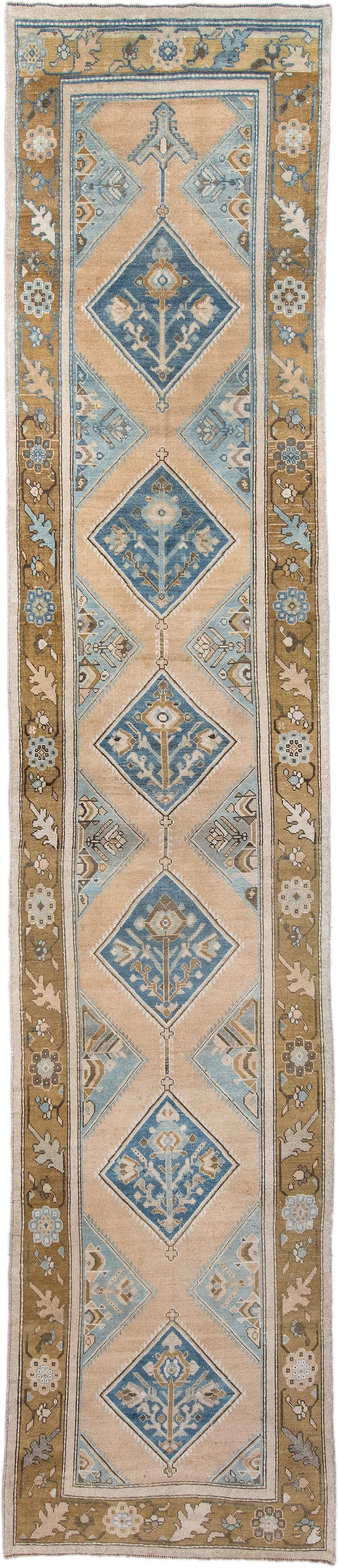 3' x 15' one-of-a-kind handmade antique NW Persian runner rug. Color palette: ivory, sky blue, camel, taupe, slate, cream