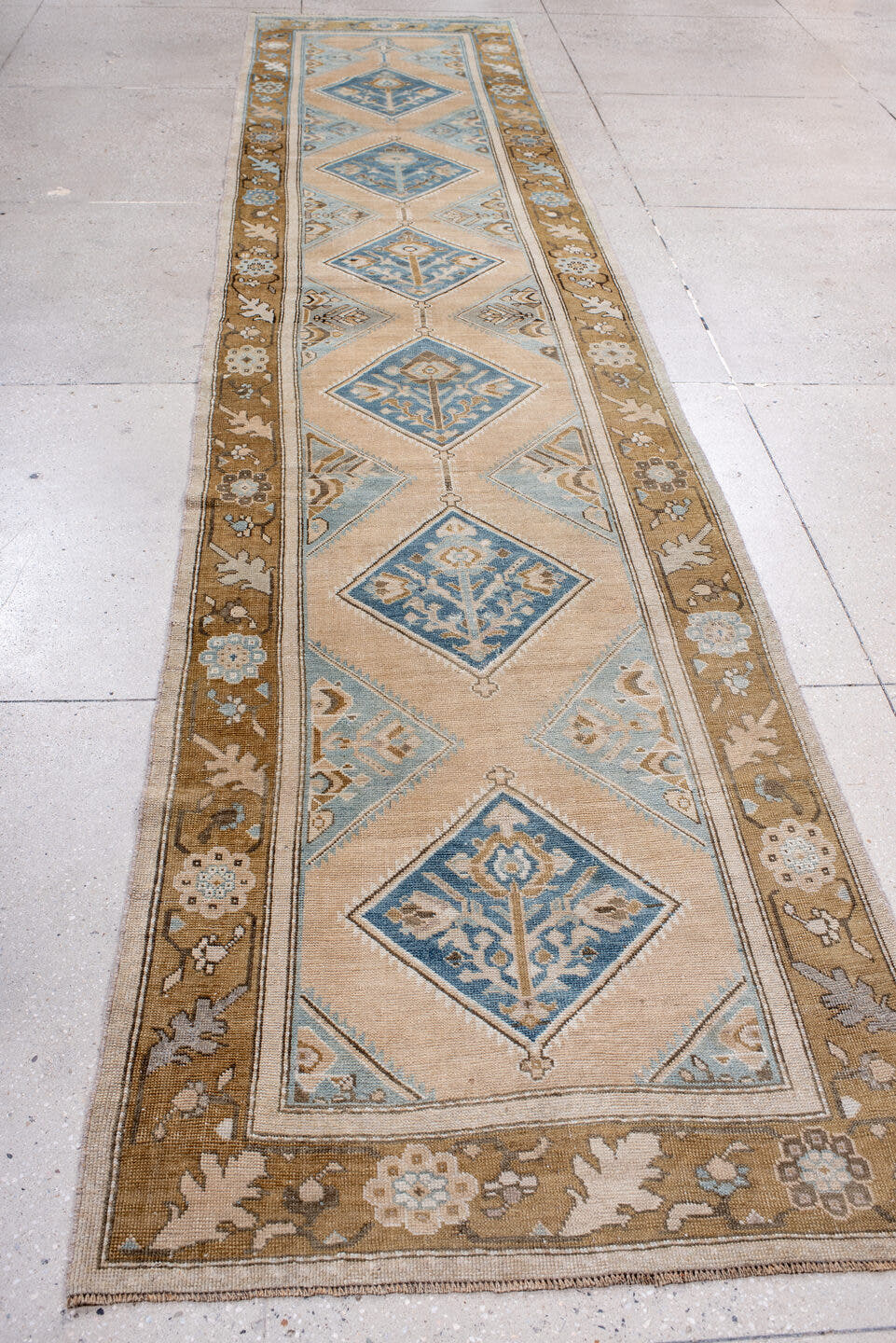3' x 15' one-of-a-kind handmade antique NW Persian runner rug. Color palette: ivory, sky blue, camel, taupe, slate, cream