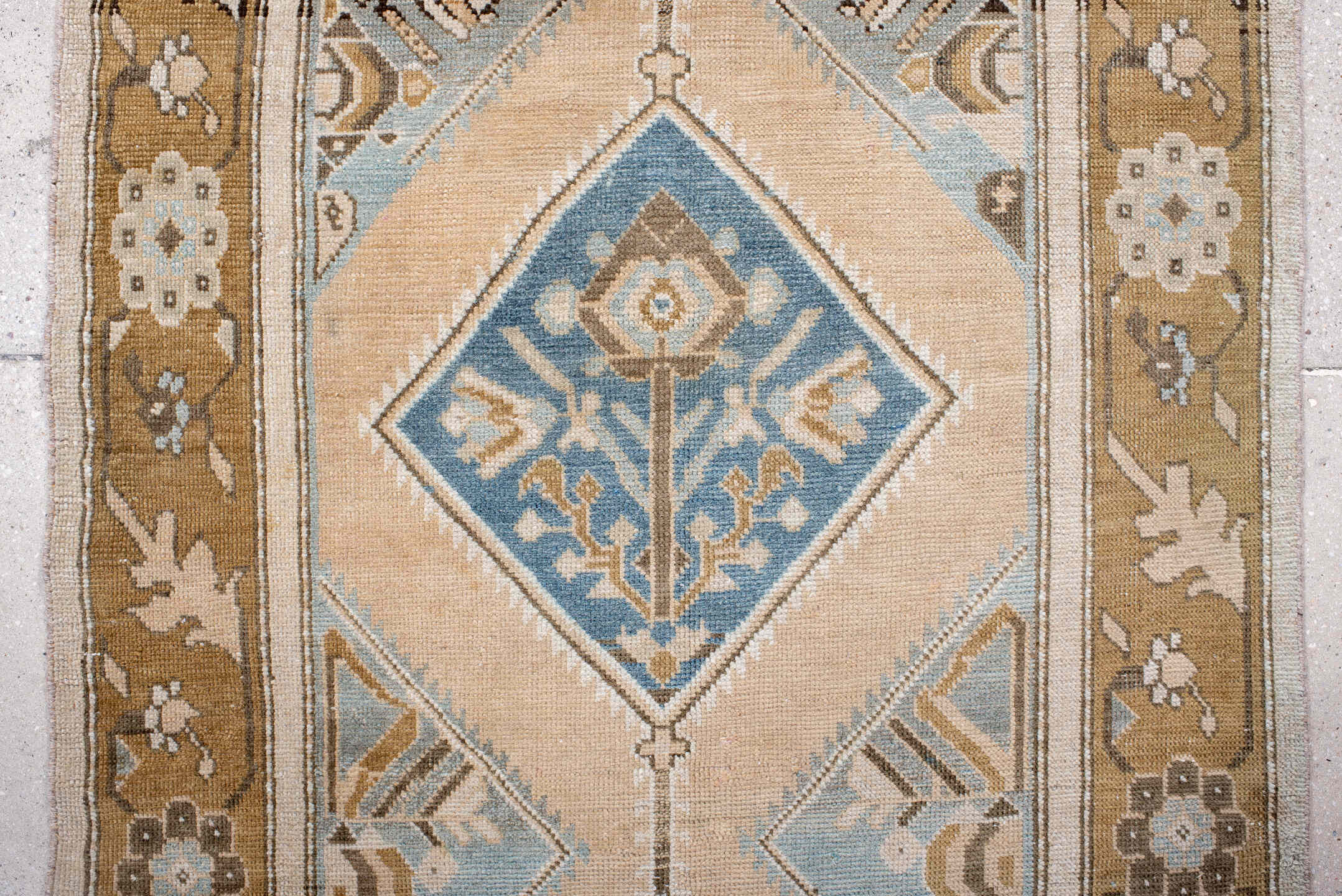 3' x 15' one-of-a-kind handmade antique NW Persian runner rug. Color palette: ivory, sky blue, camel, taupe, slate, cream