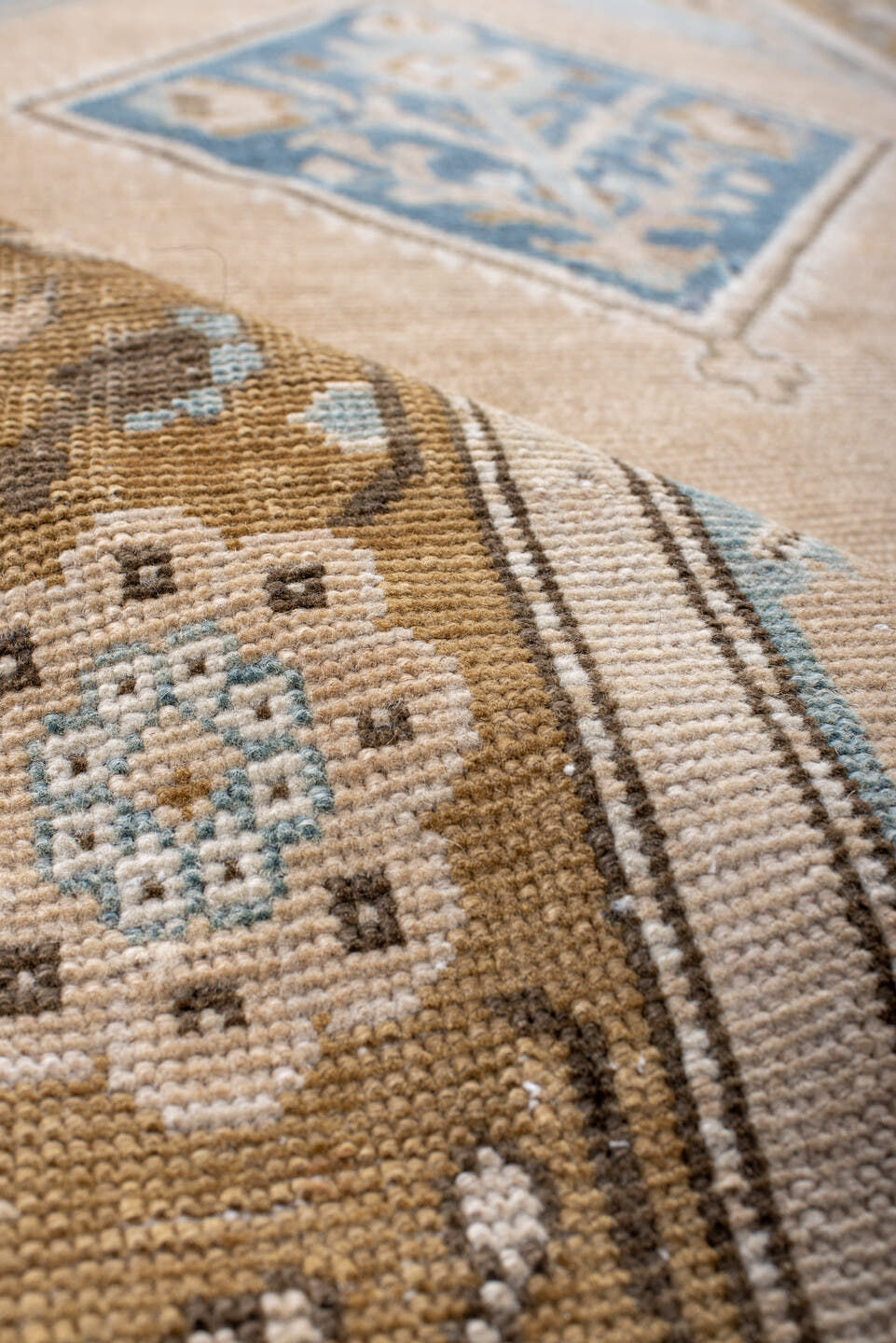 3' x 15' one-of-a-kind handmade antique NW Persian runner rug. Color palette: ivory, sky blue, camel, taupe, slate, cream
