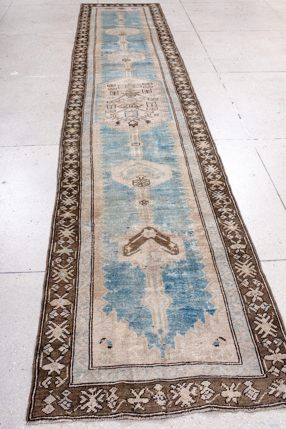 2' x 14' one-of-a-kind handmade antique NW Persian runner rug. Color palette: sky blue, ivory, brown, taupe, slate, camel