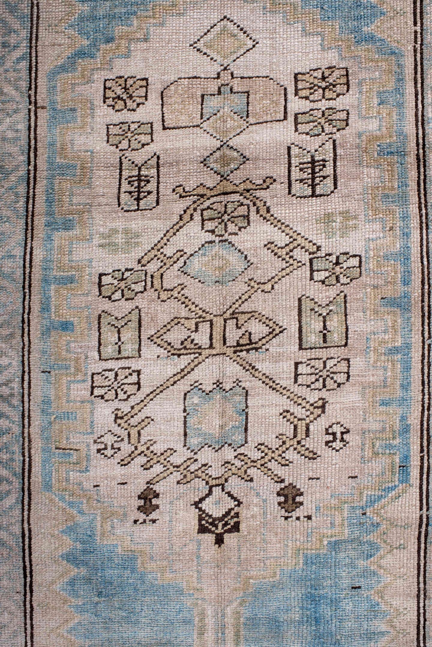 2' x 14' one-of-a-kind handmade antique NW Persian runner rug. Color palette: sky blue, ivory, brown, taupe, slate, camel