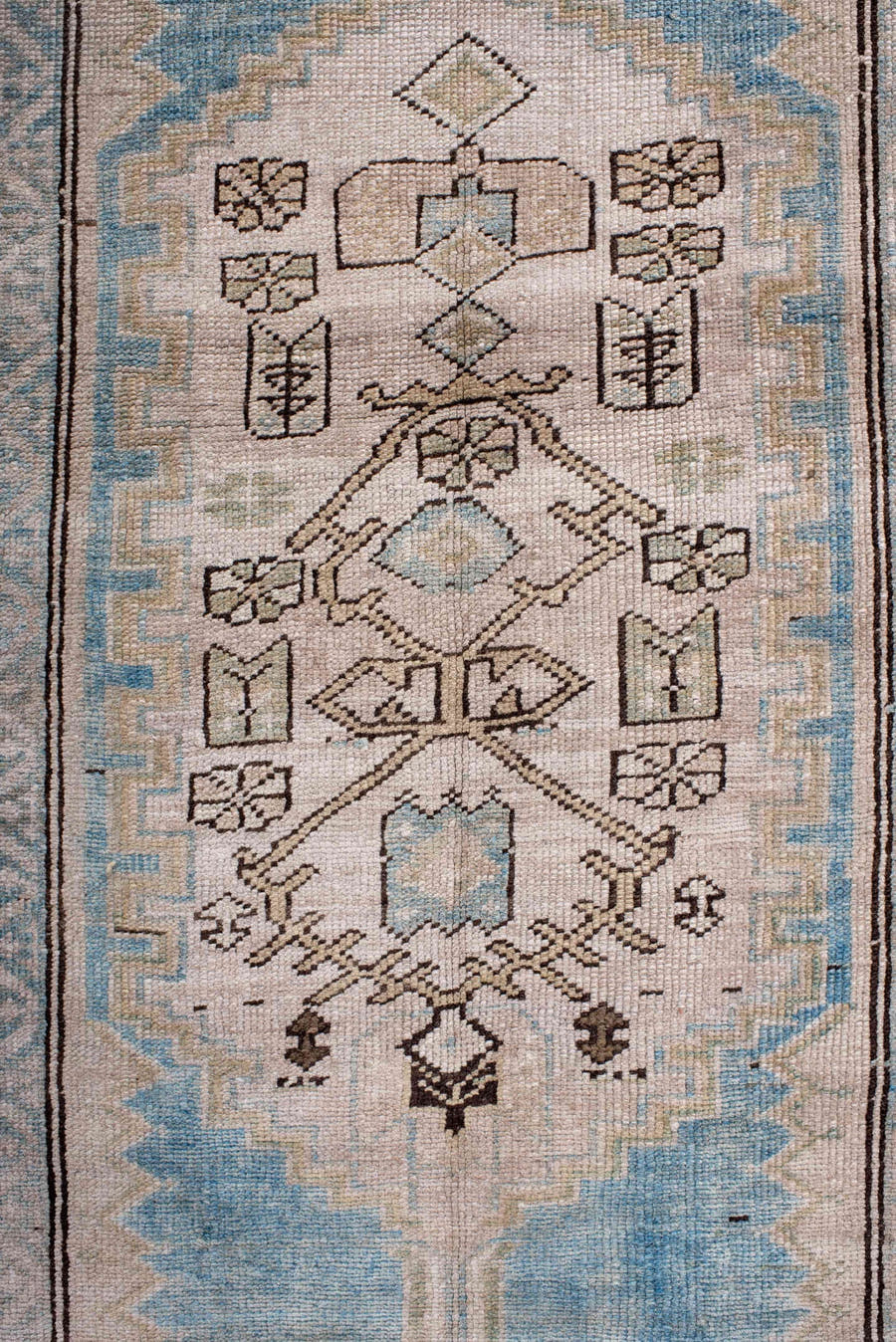 2' x 14' one-of-a-kind handmade antique NW Persian runner rug. Color palette: sky blue, ivory, brown, taupe, slate, camel