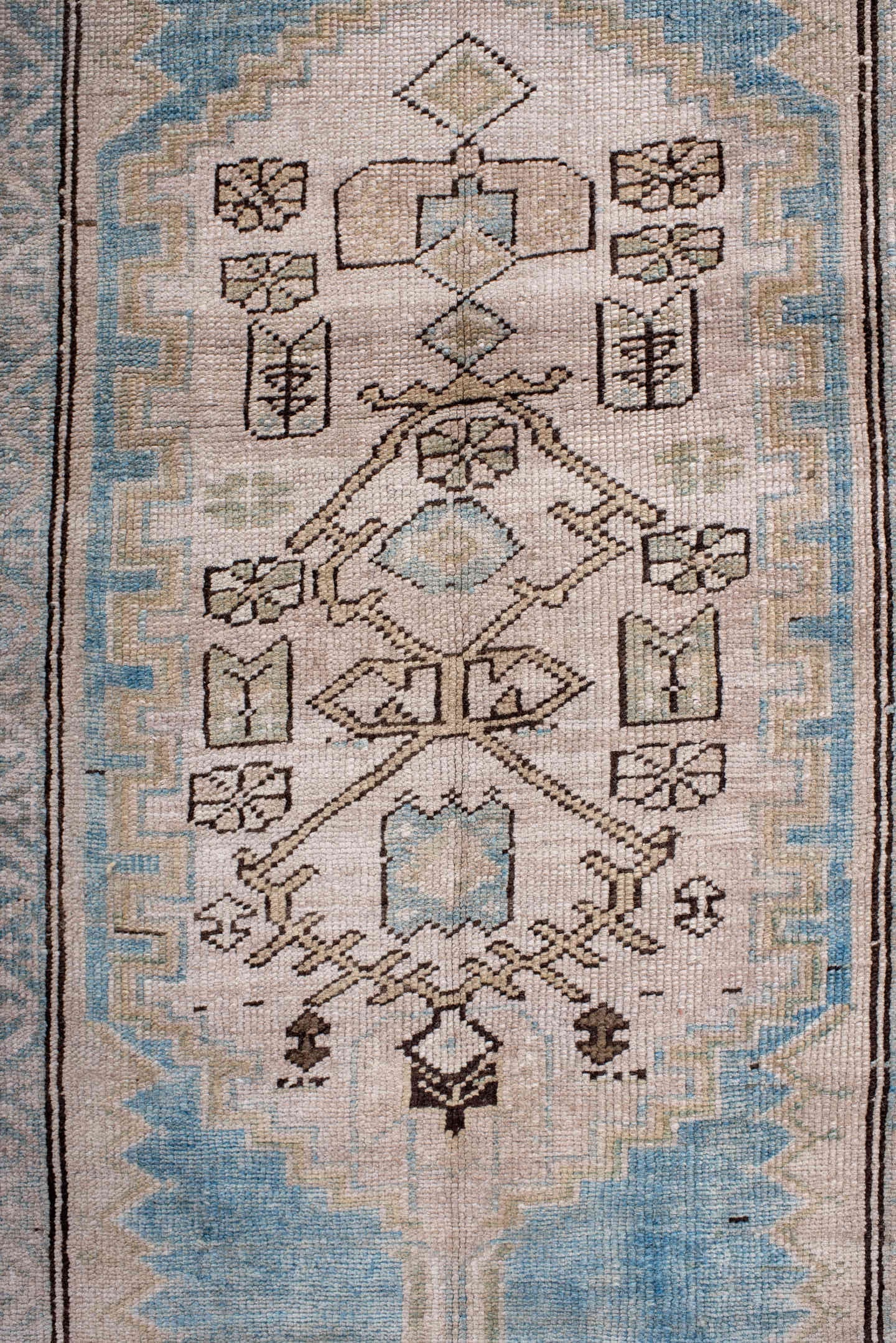 2' x 14' one-of-a-kind handmade antique NW Persian runner rug. Color palette: sky blue, ivory, brown, taupe, slate, camel