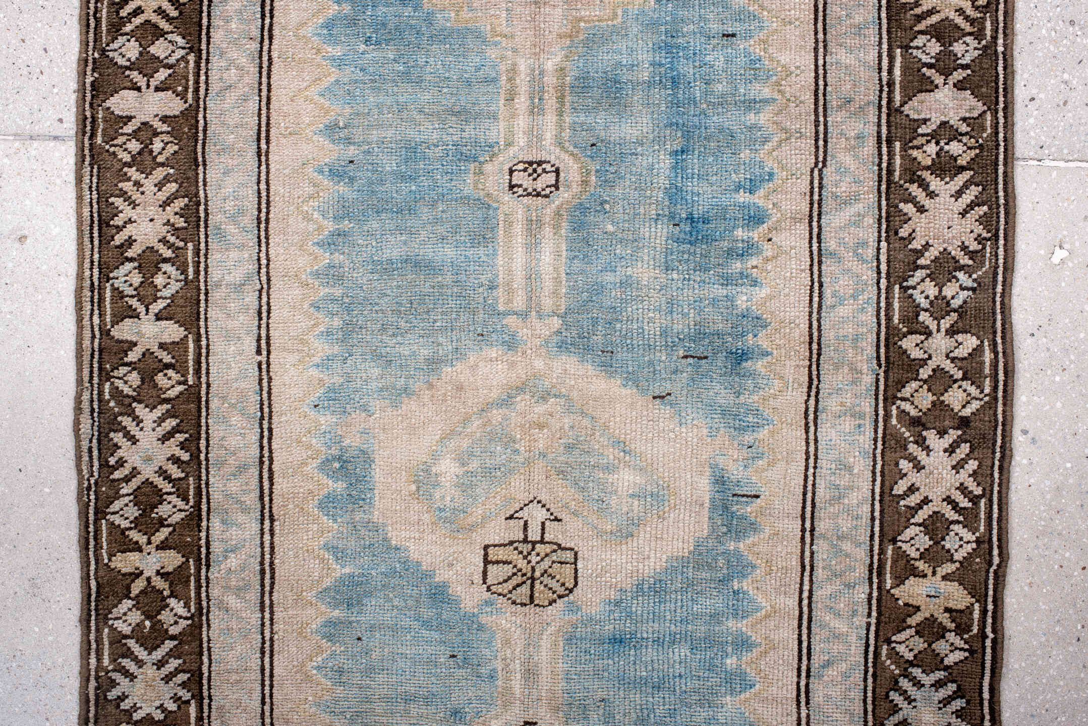 2' x 14' one-of-a-kind handmade antique NW Persian runner rug. Color palette: sky blue, ivory, brown, taupe, slate, camel