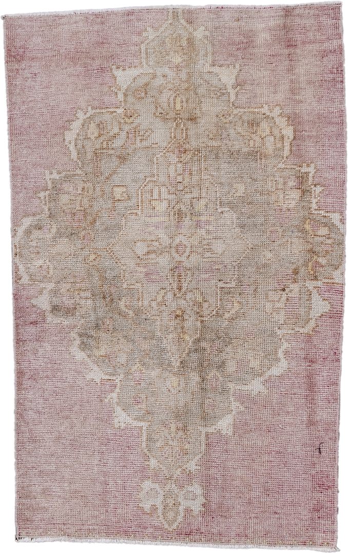2' x 3' one-of-a-kind handmade antique Oushak small size rug. Color palette: rose, ivory, blush, taupe, beige, pink, red