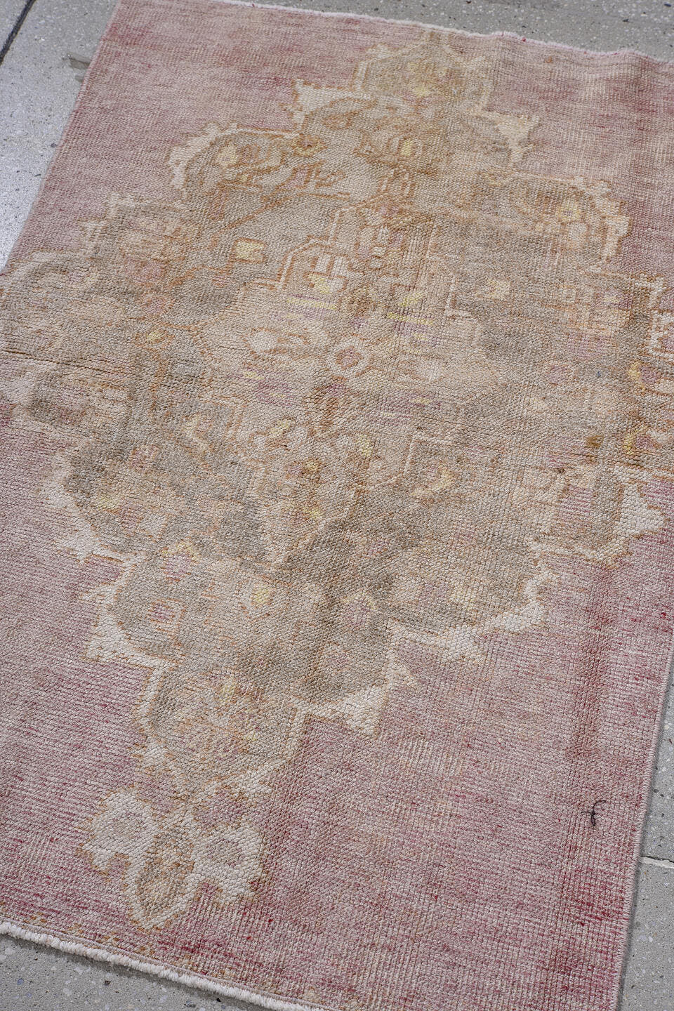 2' x 3' one-of-a-kind handmade antique Oushak small size rug. Color palette: rose, ivory, blush, taupe, beige, pink, red