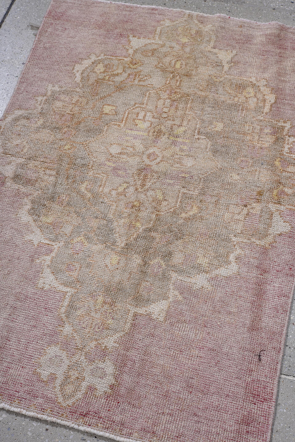 2' x 3' one-of-a-kind handmade antique Oushak small size rug. Color palette: rose, ivory, blush, taupe, beige, pink, red