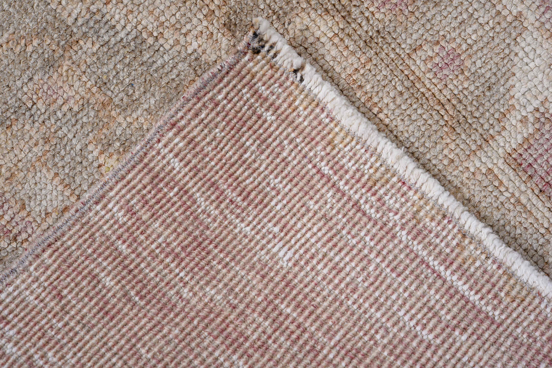 2' x 3' one-of-a-kind handmade antique Oushak small size rug. Color palette: rose, ivory, blush, taupe, beige, pink, red