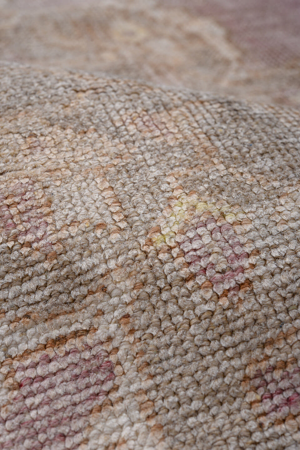 2' x 3' one-of-a-kind handmade antique Oushak small size rug. Color palette: rose, ivory, blush, taupe, beige, pink, red