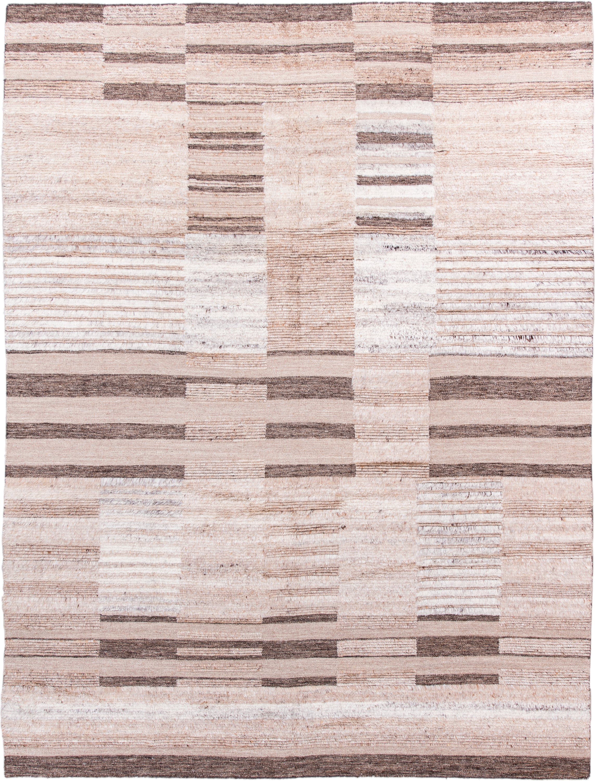 9' x 12' one-of-a-kind handmade vintage Shag large size rug. Color palette: ivory, taupe, camel, charcoal, cream, beige