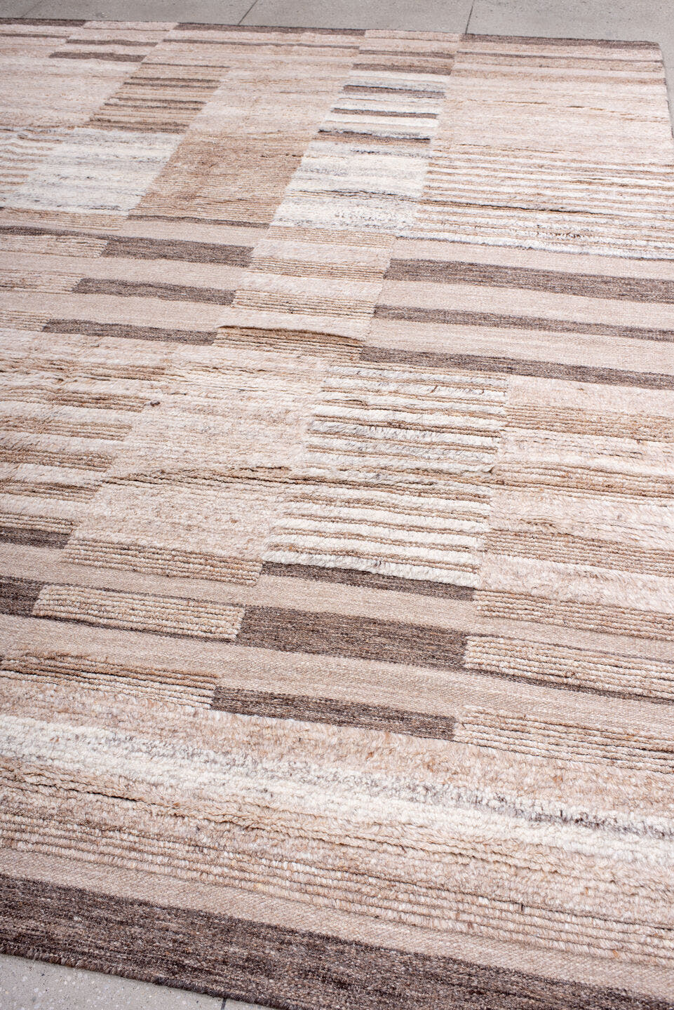 9' x 12' one-of-a-kind handmade vintage Shag large size rug. Color palette: ivory, taupe, camel, charcoal, cream, beige