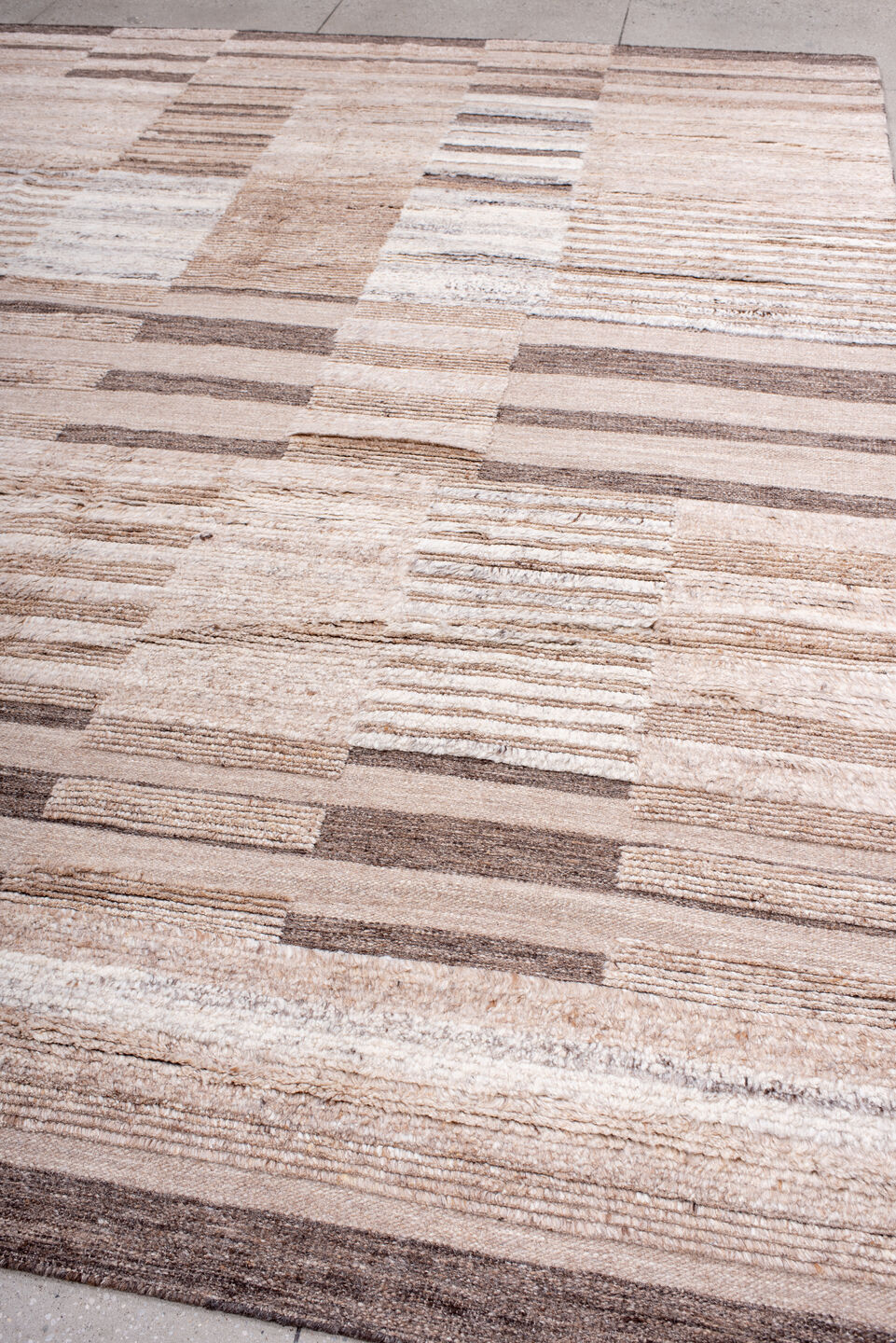 9' x 12' one-of-a-kind handmade vintage Shag large size rug. Color palette: ivory, taupe, camel, charcoal, cream, beige