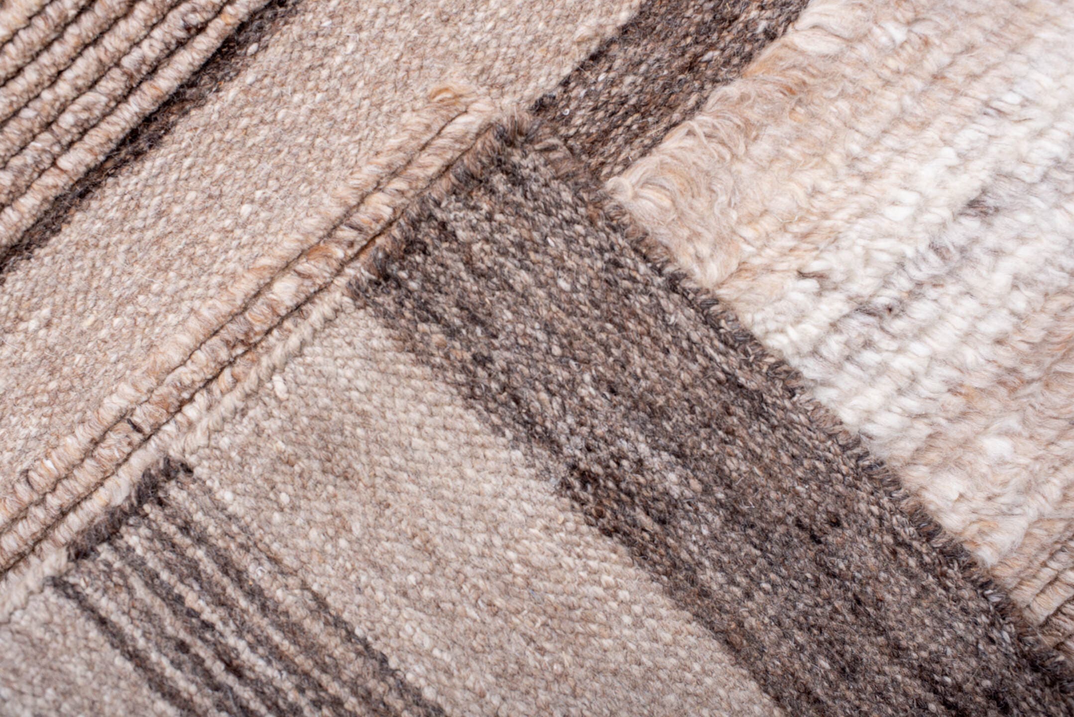 9' x 12' one-of-a-kind handmade vintage Shag large size rug. Color palette: ivory, taupe, camel, charcoal, cream, beige