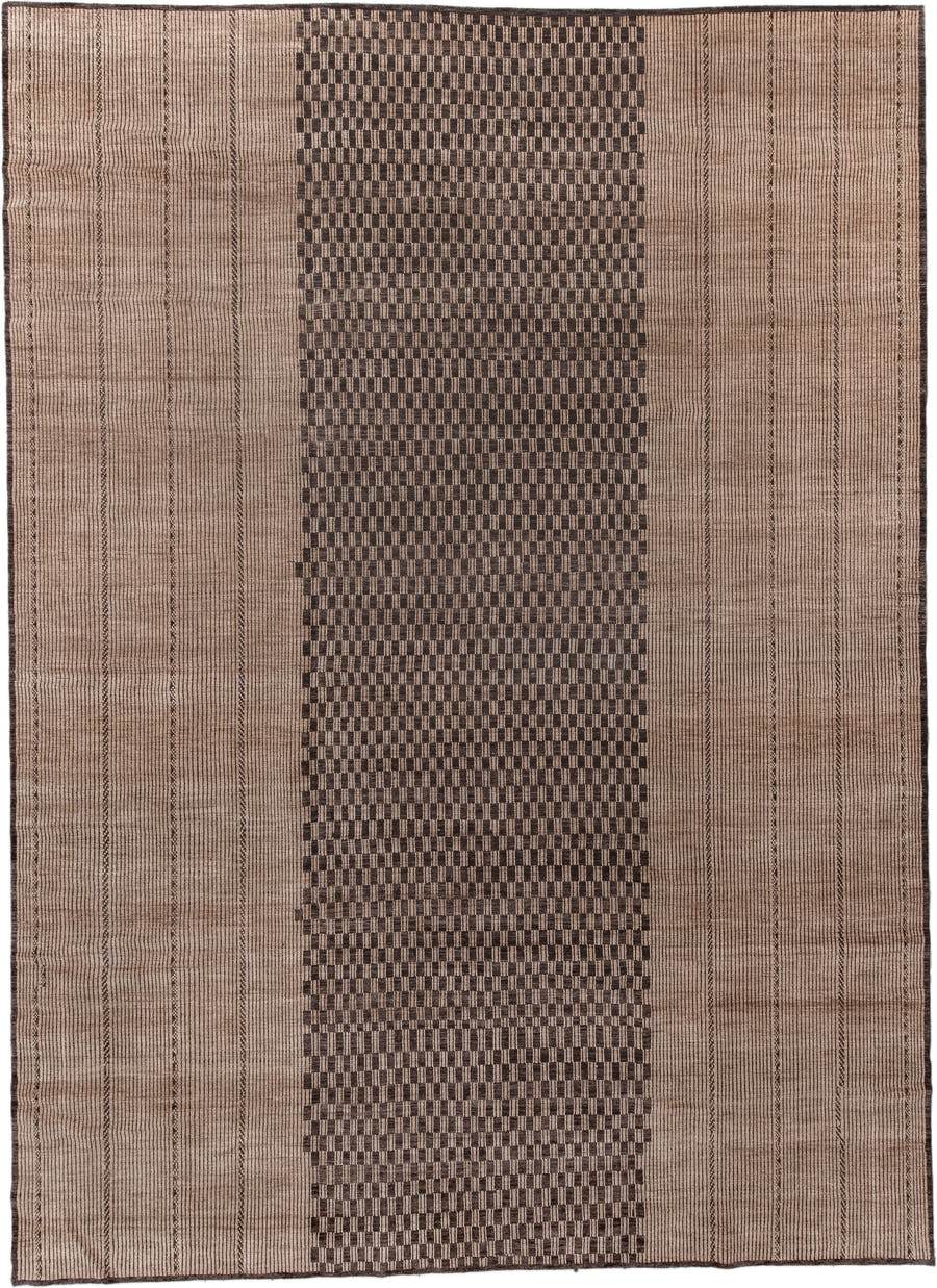 13' x 18' one-of-a-kind handmade vintage Tuareg oversize rug. Color palette: camel, brown, taupe, charcoal, beige, gray