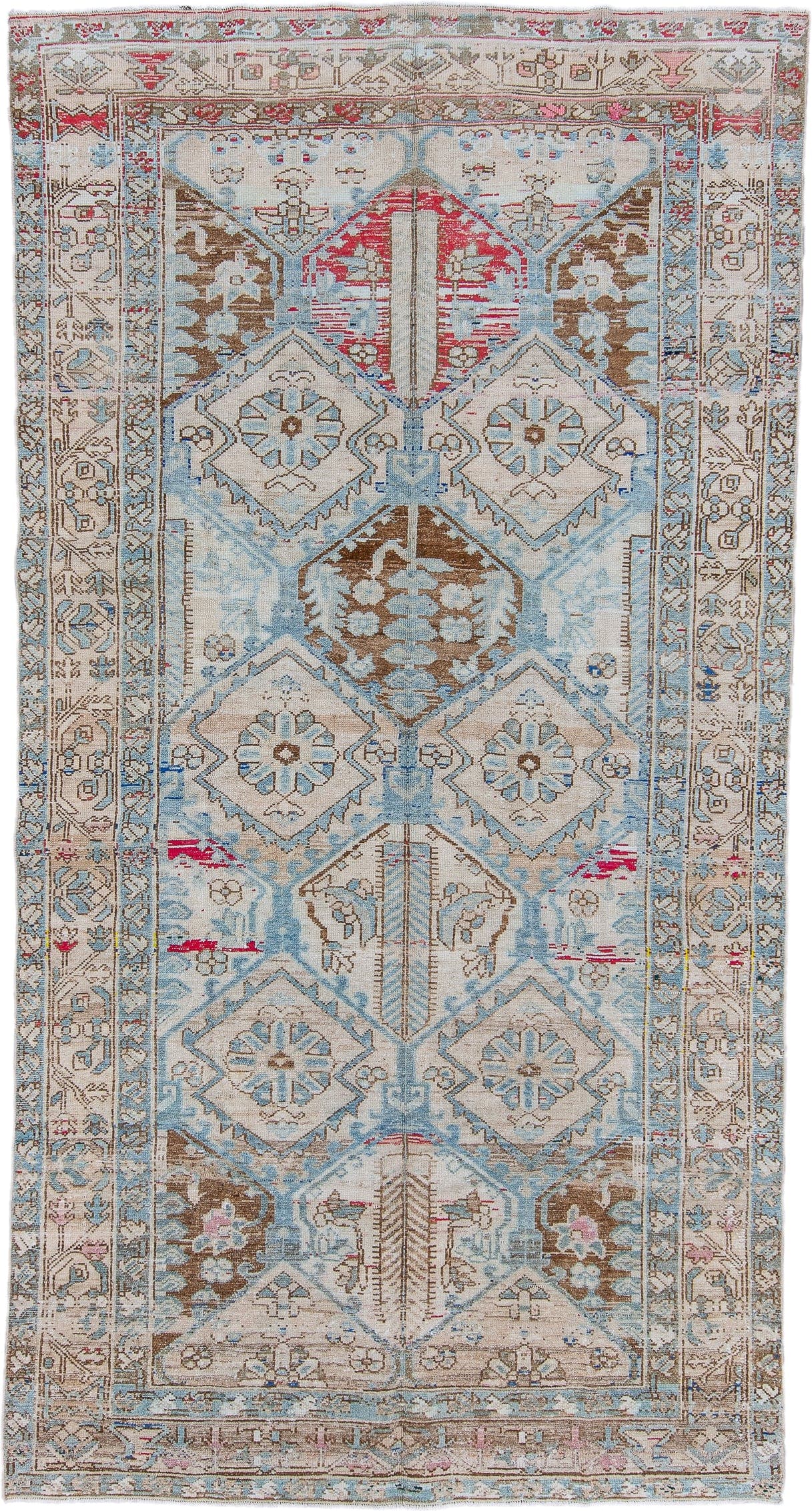 5' x 9' one-of-a-kind handmade antique Baktiary medium size rug. Color palette: ivory, sky blue, camel, brown, rose, crimson