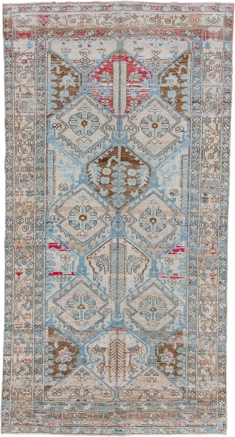 5' x 9' one-of-a-kind handmade antique Baktiary medium size rug. Color palette: ivory, sky blue, camel, brown, rose, crimson
