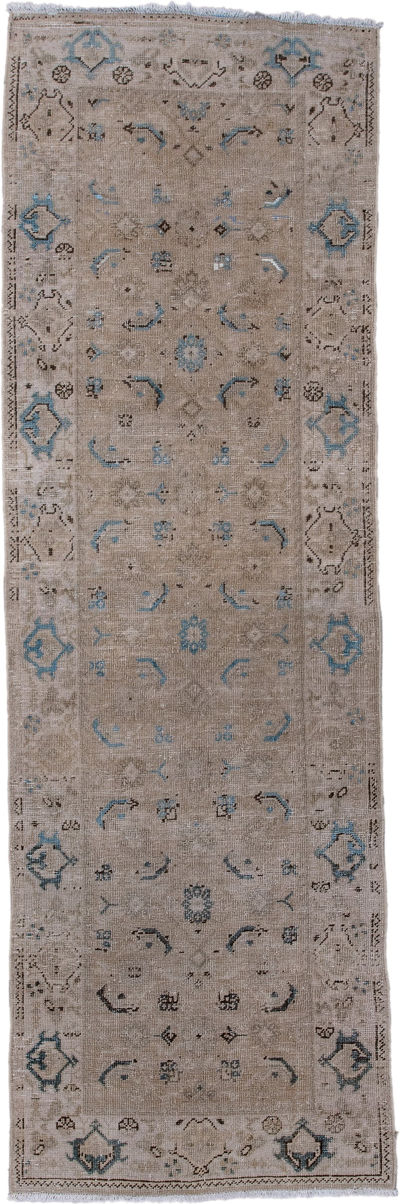 3' x 9' one-of-a-kind handmade antique Mahal runner rug. Color palette: taupe, ivory, sky blue, charcoal, beige, gray