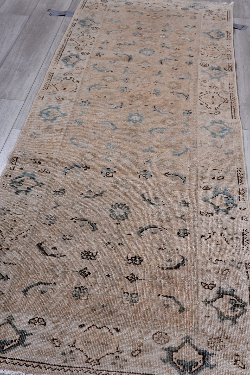 3' x 9' one-of-a-kind handmade antique Mahal runner rug. Color palette: taupe, ivory, sky blue, charcoal, beige, gray