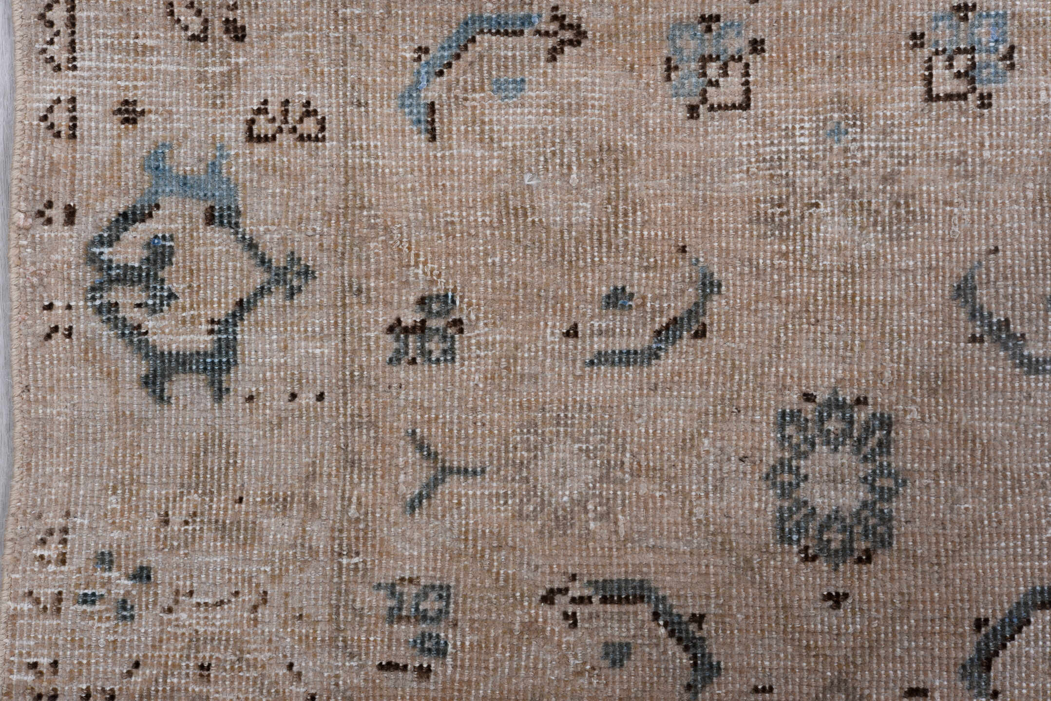 3' x 9' one-of-a-kind handmade antique Mahal runner rug. Color palette: taupe, ivory, sky blue, charcoal, beige, gray