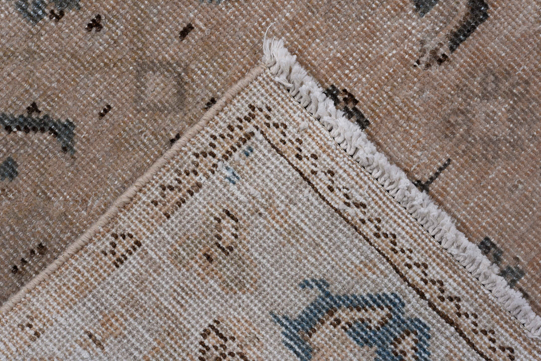 3' x 9' one-of-a-kind handmade antique Mahal runner rug. Color palette: taupe, ivory, sky blue, charcoal, beige, gray