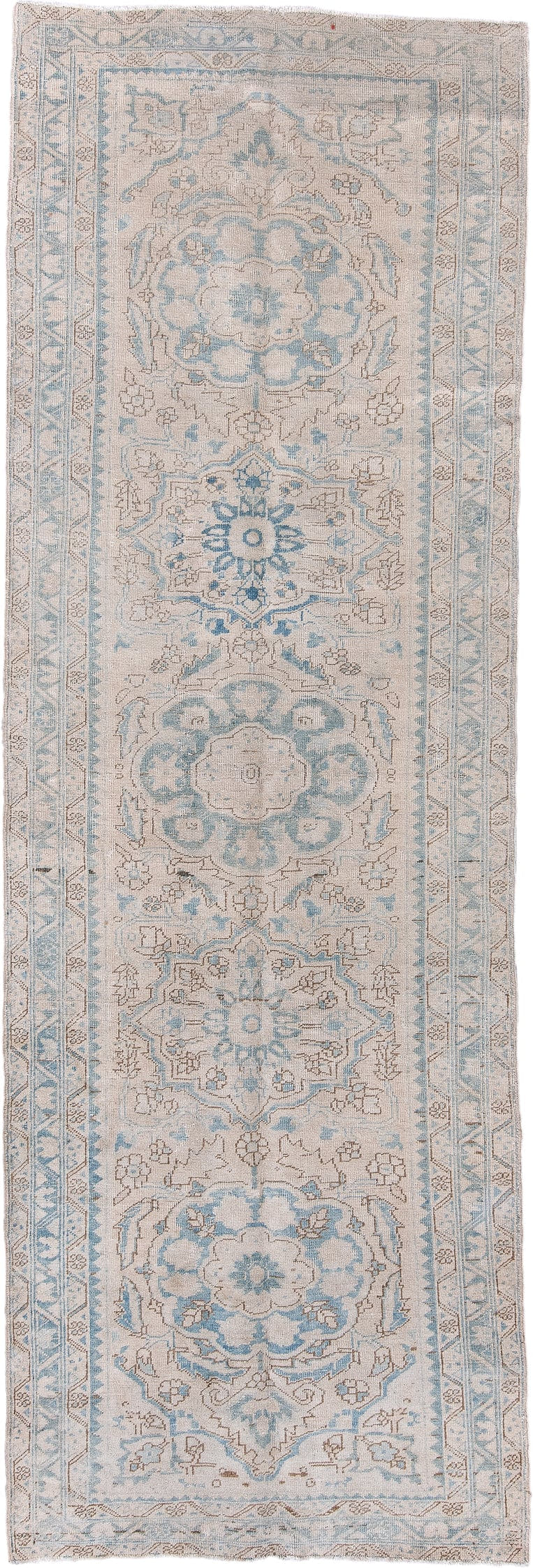 3' x 10' one-of-a-kind handmade antique Heriz runner rug. Color palette: ivory, sky blue, light blue, taupe, beige, gray