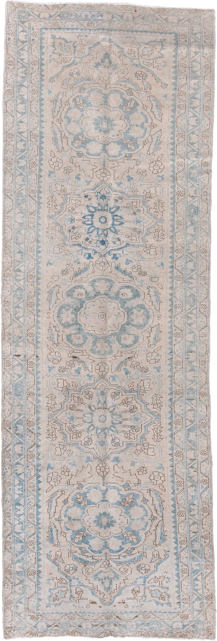3' x 10' one-of-a-kind handmade antique Heriz runner rug. Color palette: ivory, sky blue, light blue, taupe, beige, gray