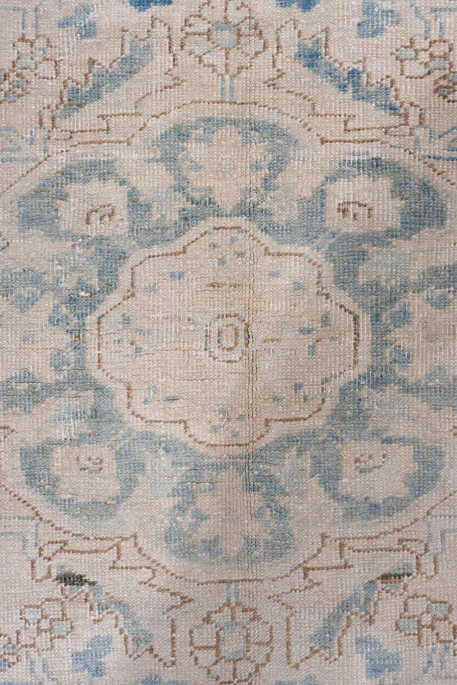 3' x 10' one-of-a-kind handmade antique Heriz runner rug. Color palette: ivory, sky blue, light blue, taupe, beige, gray