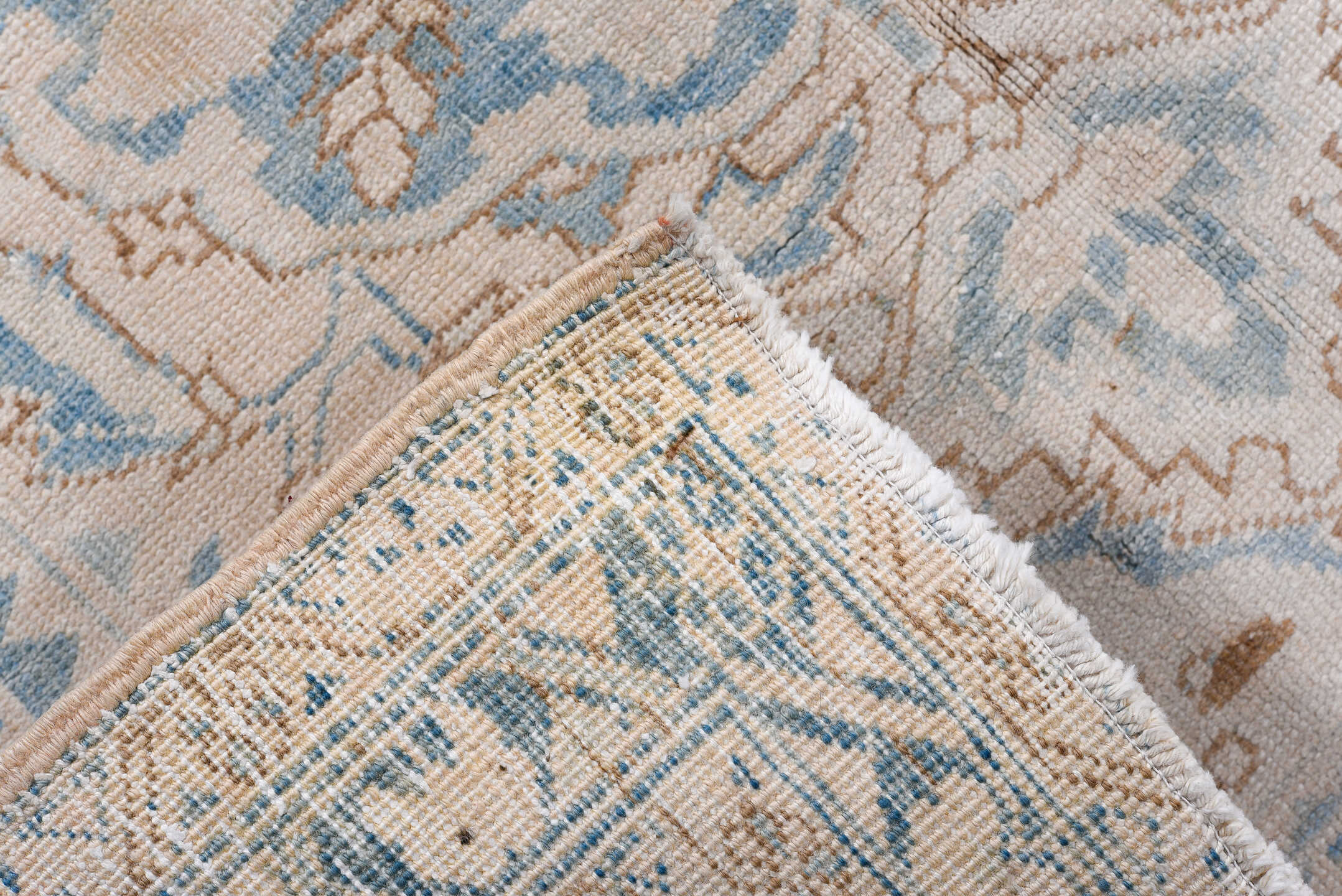 3' x 10' one-of-a-kind handmade antique Heriz runner rug. Color palette: ivory, sky blue, light blue, taupe, beige, gray