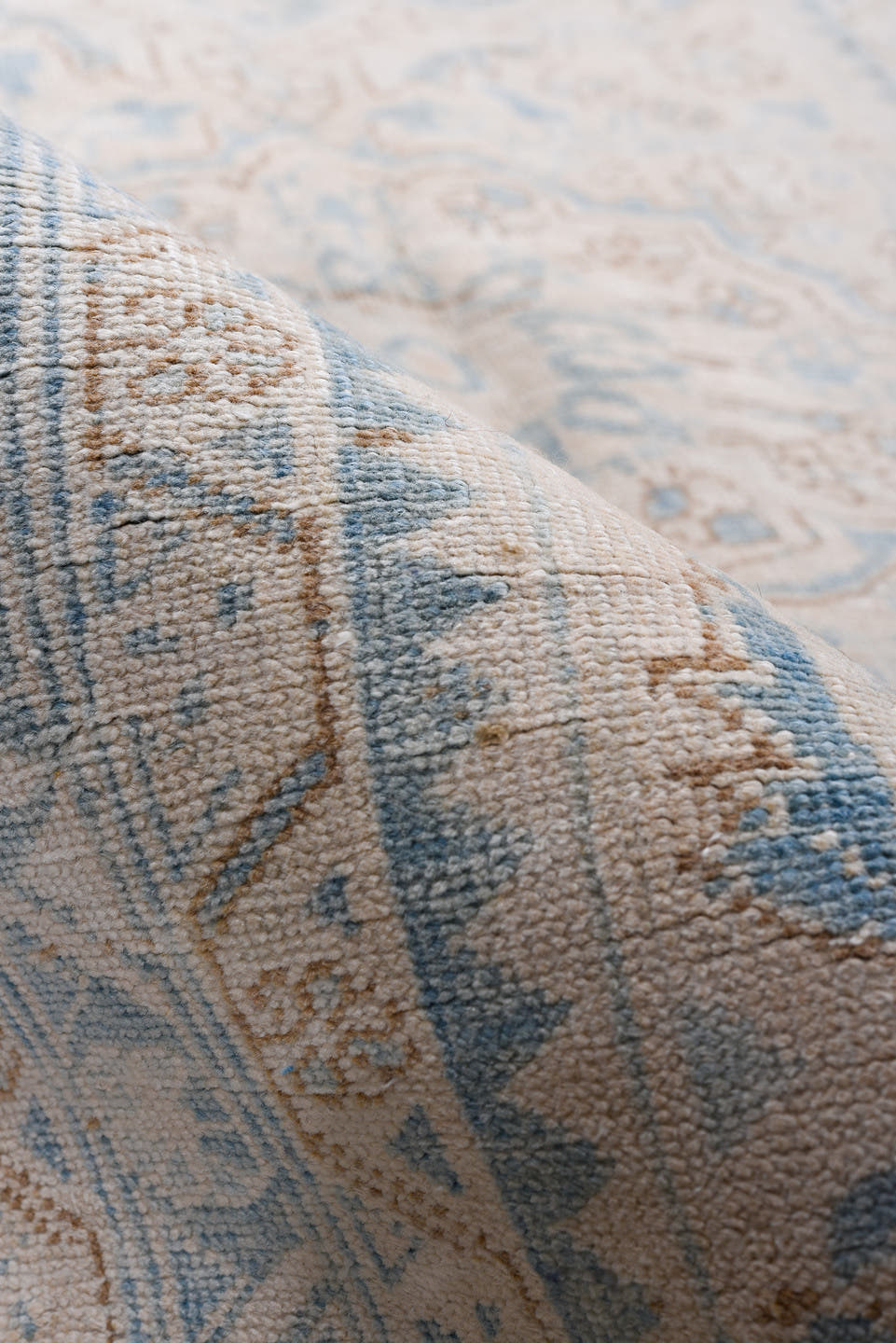 3' x 10' one-of-a-kind handmade antique Heriz runner rug. Color palette: ivory, sky blue, light blue, taupe, beige, gray