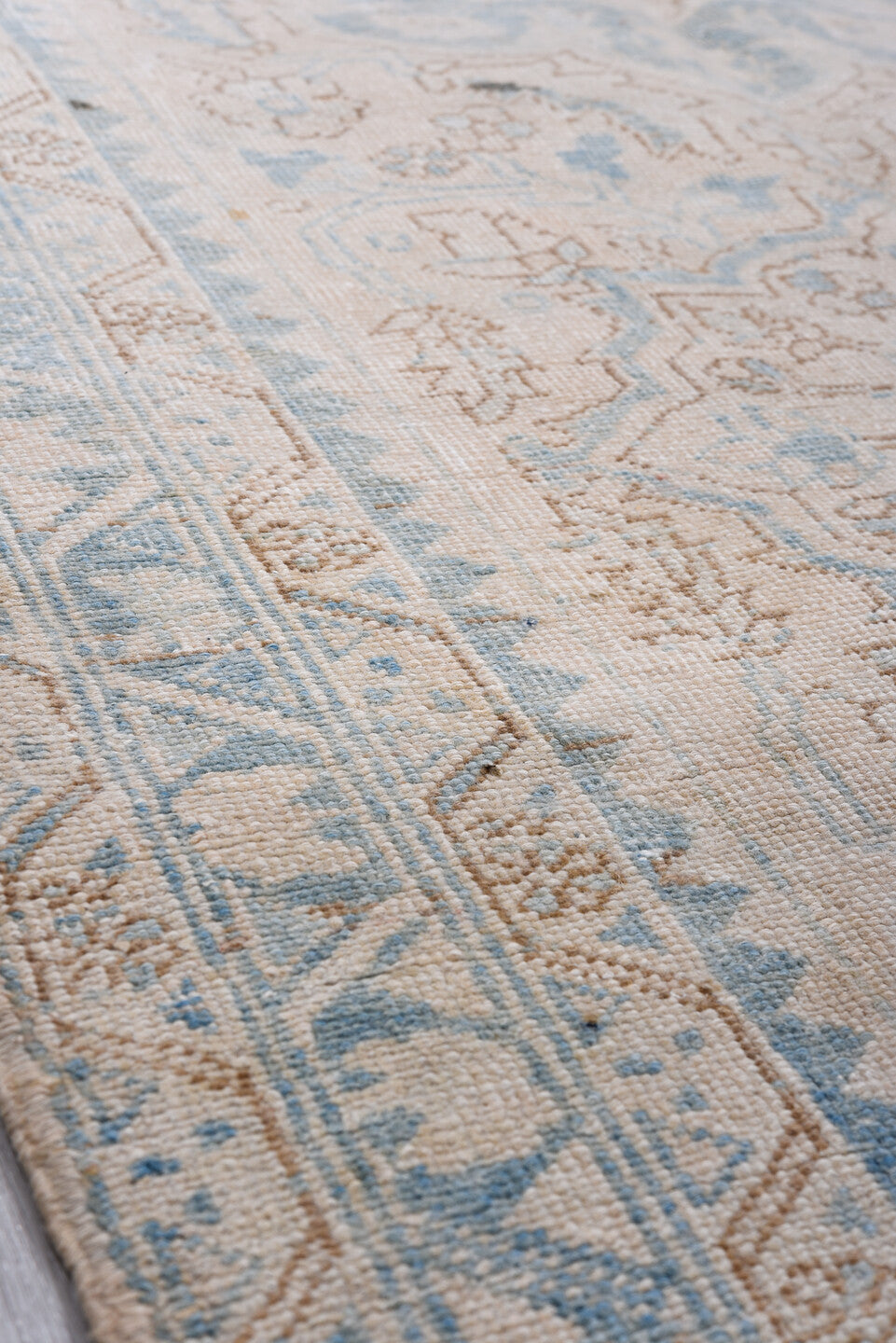 3' x 10' one-of-a-kind handmade antique Heriz runner rug. Color palette: ivory, sky blue, light blue, taupe, beige, gray