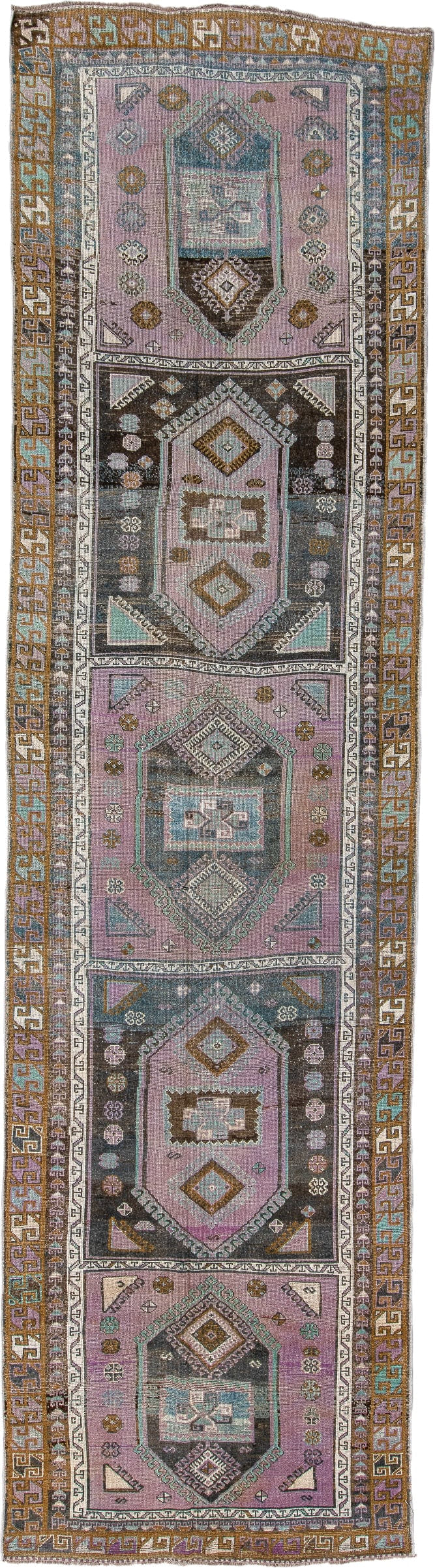 3' x 13' one-of-a-kind handmade antique Oushak runner rug. Color palette: lavender, gold, sky blue, ivory, charcoal, taupe