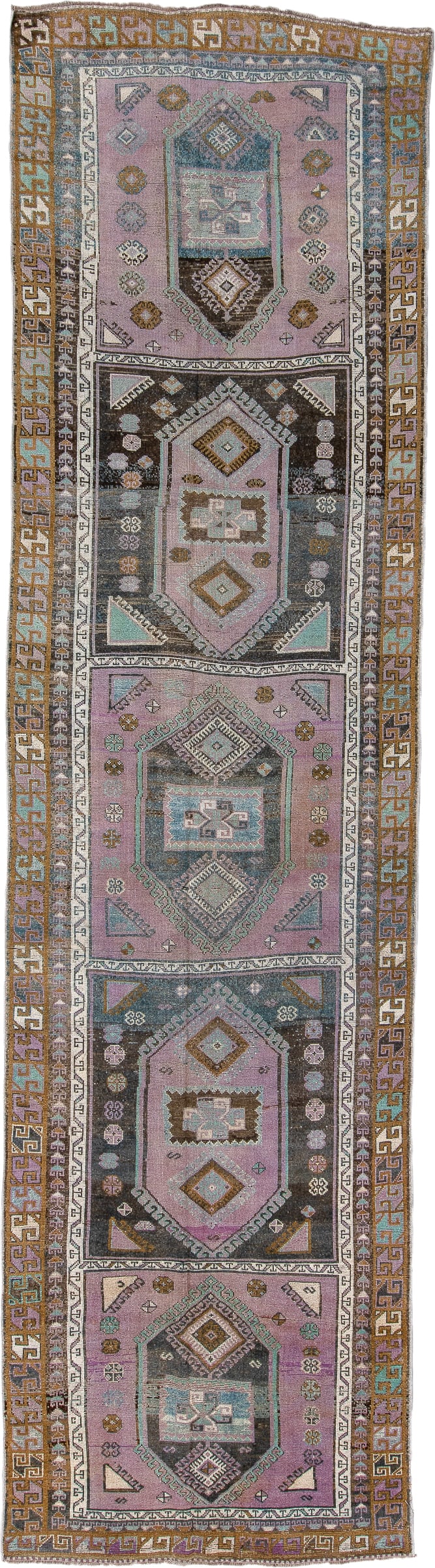 3' x 13' one-of-a-kind handmade antique Oushak runner rug. Color palette: lavender, gold, sky blue, ivory, charcoal, taupe